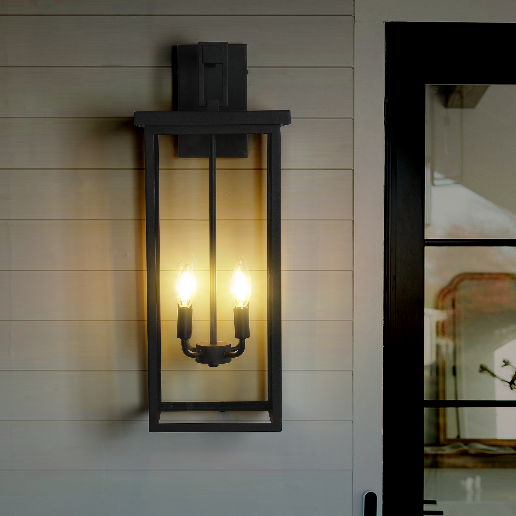 (Same as W1340119951/L1013) 26"(H) 1ps Modern Outdoor Wall Lanterns with Black Metal Frame and Clear Glass, 4 E12 Bulb Socket, Weatherproof Wall Sconces for Porch, Garden, Patio (No Bulbs) - Image 2