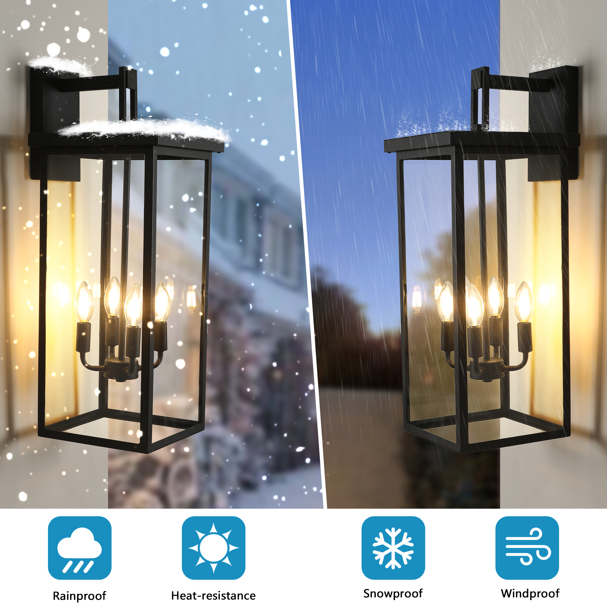 (Same as W1340119951/L1013) 26"(H) 1ps Modern Outdoor Wall Lanterns with Black Metal Frame and Clear Glass, 4 E12 Bulb Socket, Weatherproof Wall Sconces for Porch, Garden, Patio (No Bulbs) - Image 5