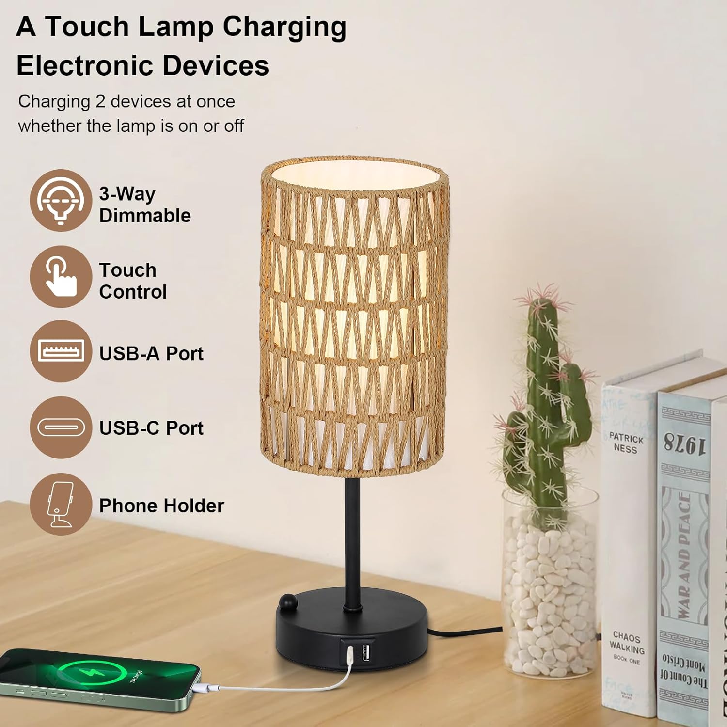 Touch Table Lamp For Bedroom with Bulb, Boho Small Desk Lamp For Living Room With Rattan & Linen Shade, 3 Way Dimmable Bedside Table Lamp For Nightstand With USB Charging Port & Phone Stand For Office - Image 2