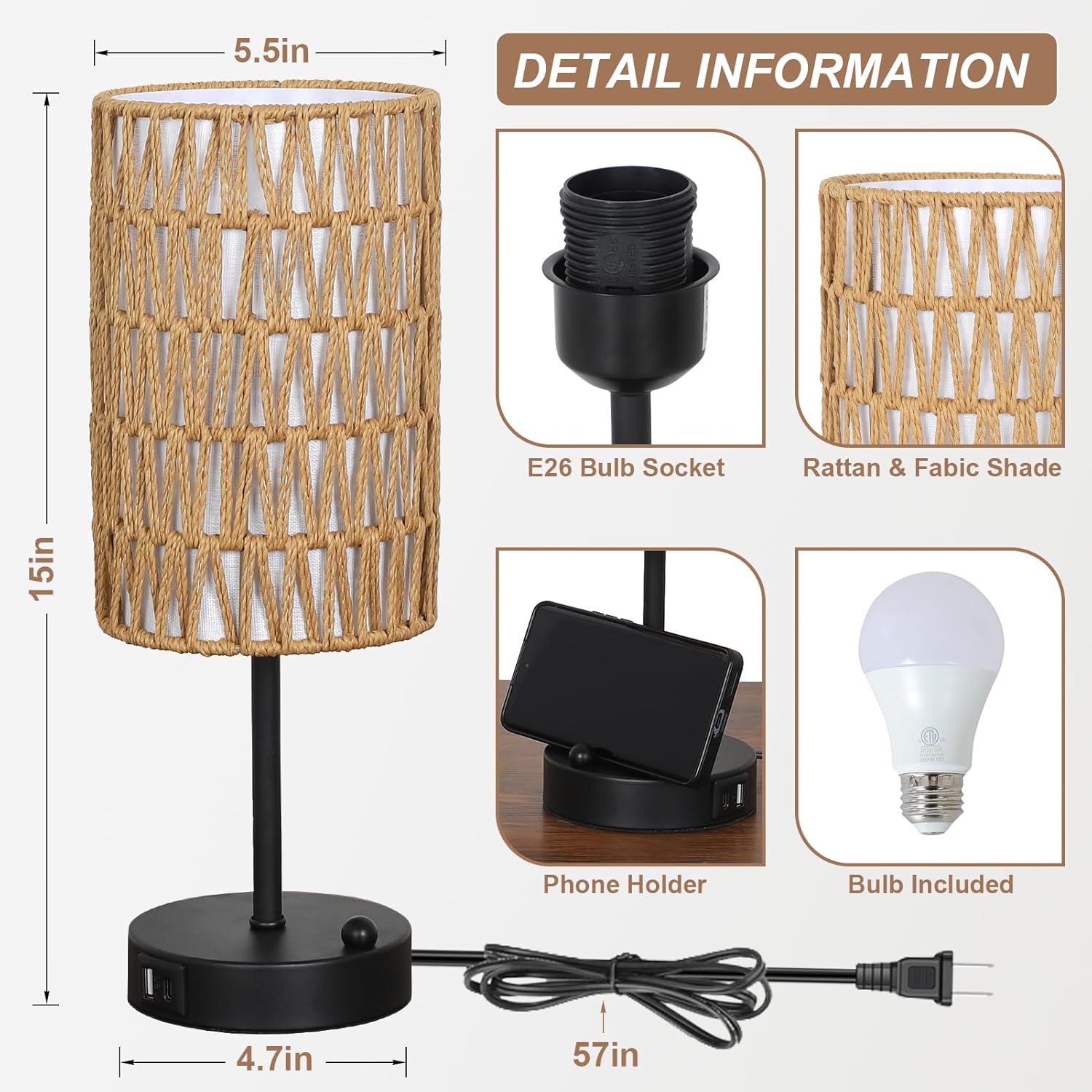 Touch Table Lamp For Bedroom with Bulb, Boho Small Desk Lamp For Living Room With Rattan & Linen Shade, 3 Way Dimmable Bedside Table Lamp For Nightstand With USB Charging Port & Phone Stand For Office - Image 3