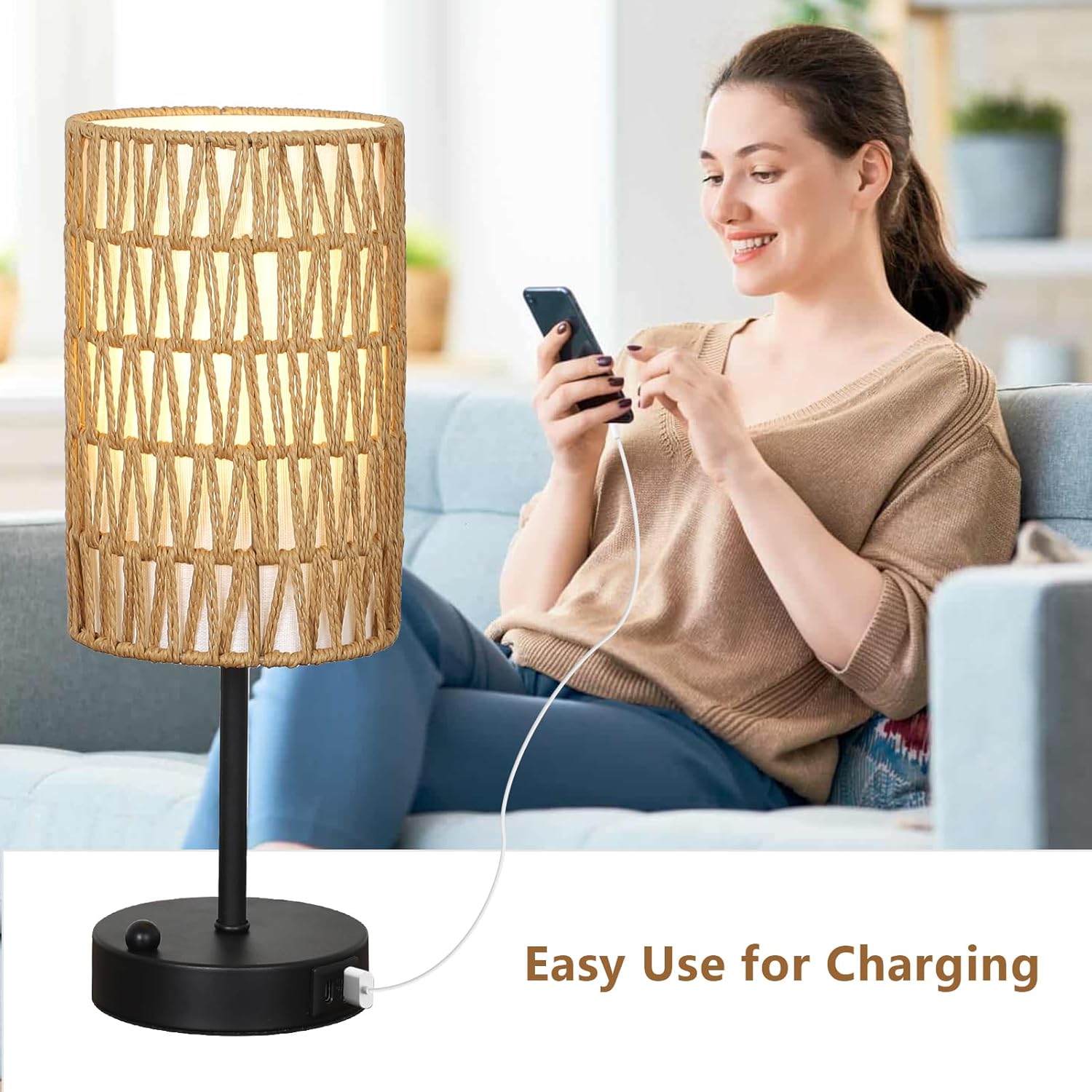 Touch Table Lamp For Bedroom with Bulb, Boho Small Desk Lamp For Living Room With Rattan & Linen Shade, 3 Way Dimmable Bedside Table Lamp For Nightstand With USB Charging Port & Phone Stand For Office - Image 5