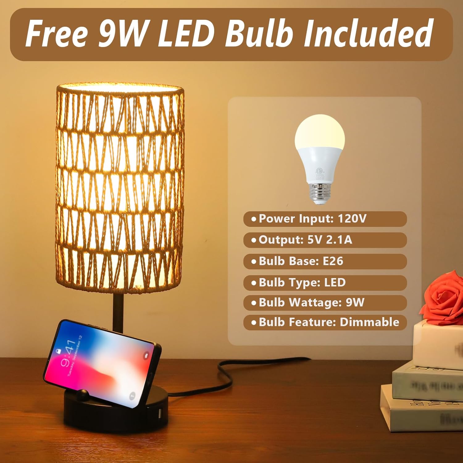 Touch Table Lamp For Bedroom with Bulb, Boho Small Desk Lamp For Living Room With Rattan & Linen Shade, 3 Way Dimmable Bedside Table Lamp For Nightstand With USB Charging Port & Phone Stand For Office - Image 6