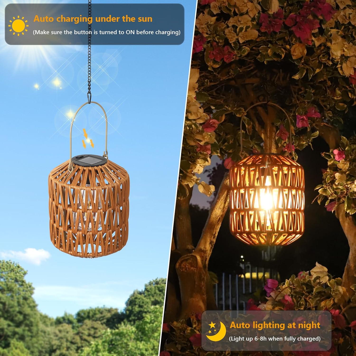 2 Pack Solar Lanterns Outdoor Waterproof, Rattan Solar Lights for Yard, Outdoor Garden Lights, Hanging Lanterns Decorative Birthday Gifts for Mom Grandma, Outdoor Lanterns for Porch, Patio, Pathway - Image 3