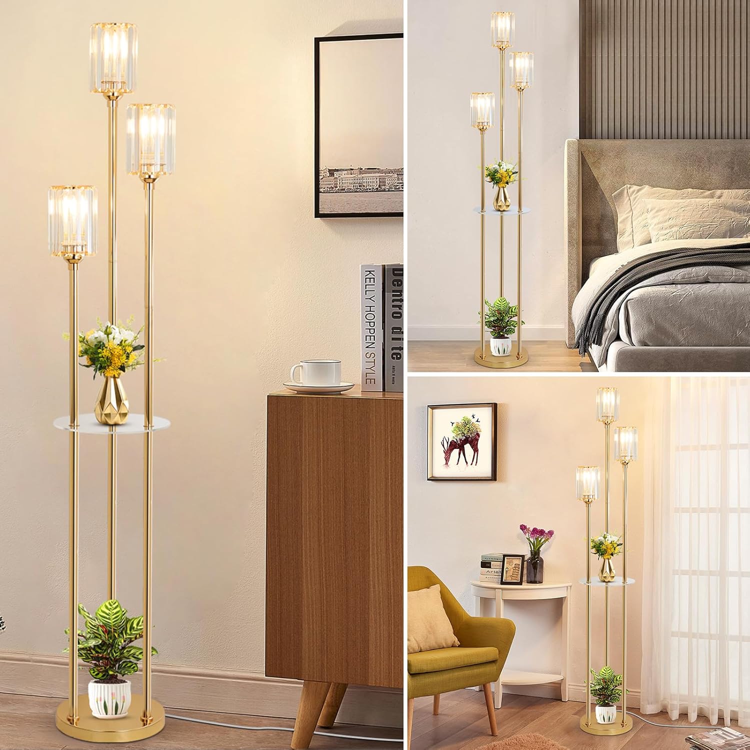 Gold Floor Lamps for Living Room, Modern Floor Lamp with Shelves, Crystal Standing Lamps with Table, Brass Tall Lamp with Crystal Shade, On/Off Switch, Mid Century Corner Floor Lamp for Bedroom - Image 2