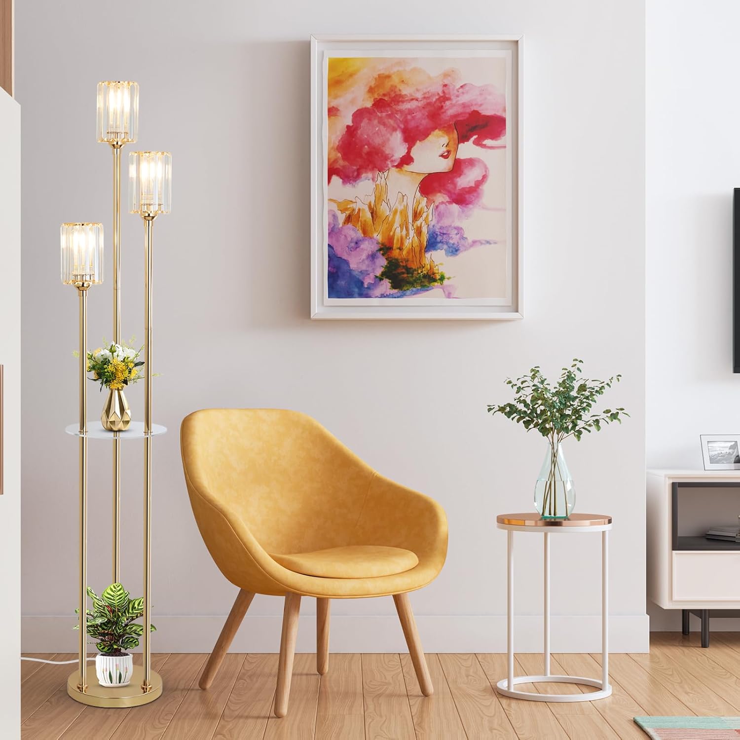 Gold Floor Lamps for Living Room, Modern Floor Lamp with Shelves, Crystal Standing Lamps with Table, Brass Tall Lamp with Crystal Shade, On/Off Switch, Mid Century Corner Floor Lamp for Bedroom - Image 3