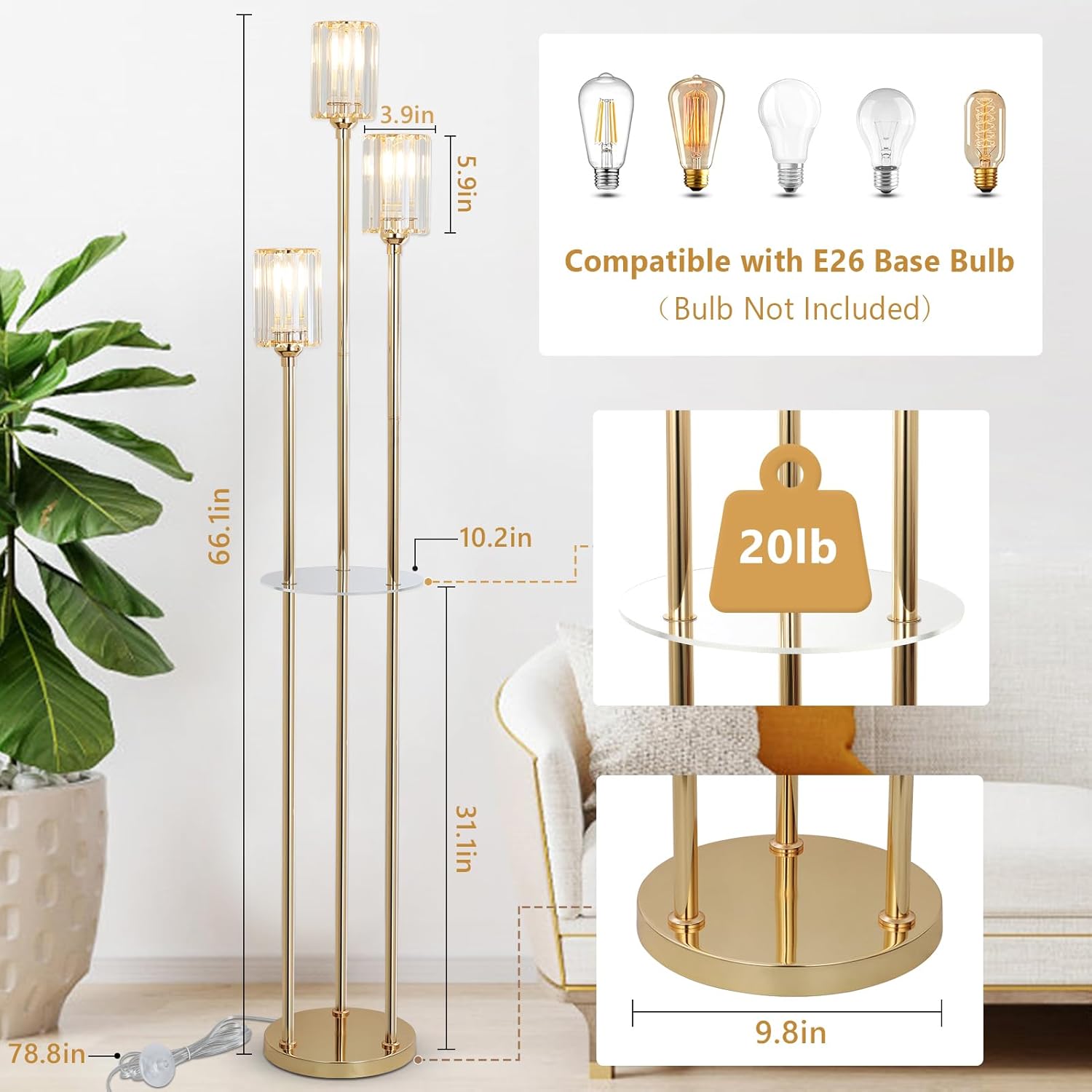 Gold Floor Lamps for Living Room, Modern Floor Lamp with Shelves, Crystal Standing Lamps with Table, Brass Tall Lamp with Crystal Shade, On/Off Switch, Mid Century Corner Floor Lamp for Bedroom - Image 4