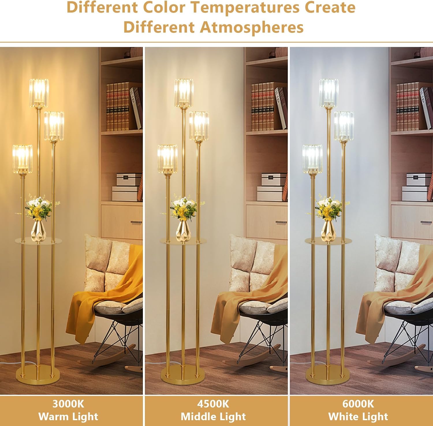 Gold Floor Lamps for Living Room, Modern Floor Lamp with Shelves, Crystal Standing Lamps with Table, Brass Tall Lamp with Crystal Shade, On/Off Switch, Mid Century Corner Floor Lamp for Bedroom - Image 6