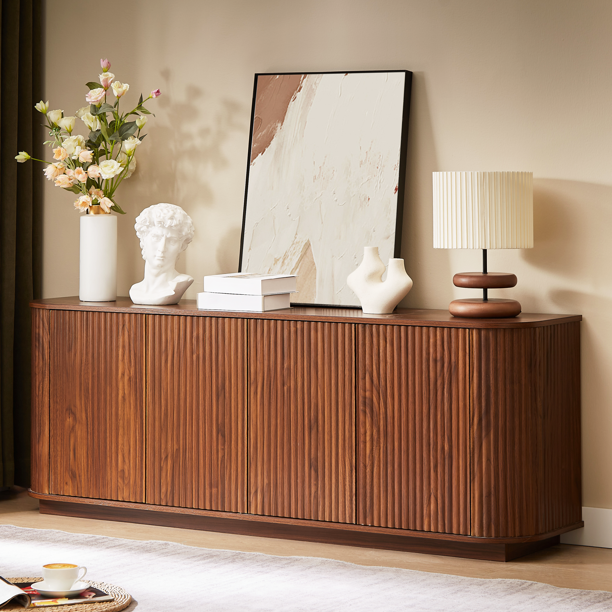 Sideboard Storage Cabinet TV Stand with wave pattern Buffet Cabinet Wooden Vertical Striped Cabinet for Kitchen/Bedroom/Entryway. Walnut, 64”W x 15”D x 24”H.