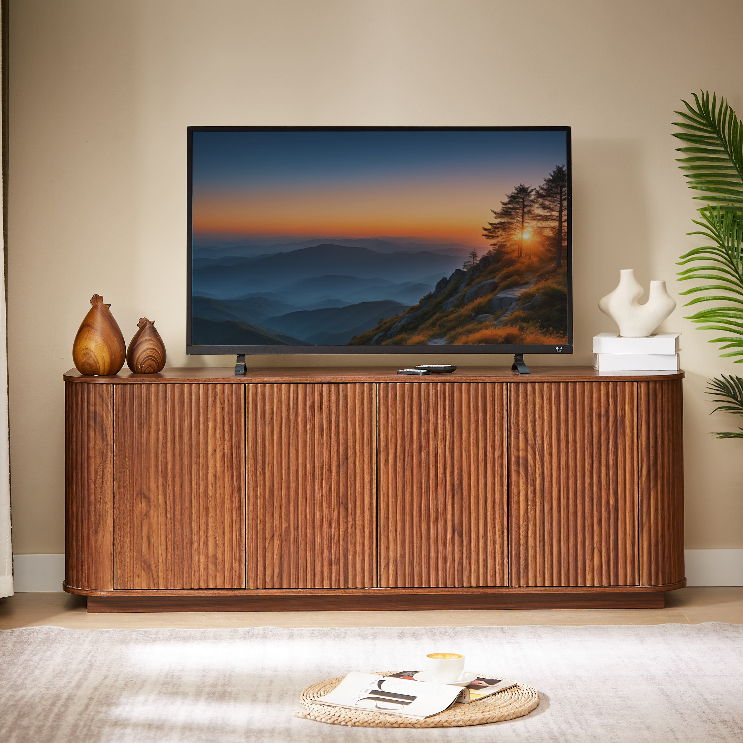 Sideboard Storage Cabinet TV Stand with wave pattern Buffet Cabinet Wooden Vertical Striped Cabinet for Kitchen/Bedroom/Entryway. Walnut, 64''W x 15''D x 24''H. - Image 2