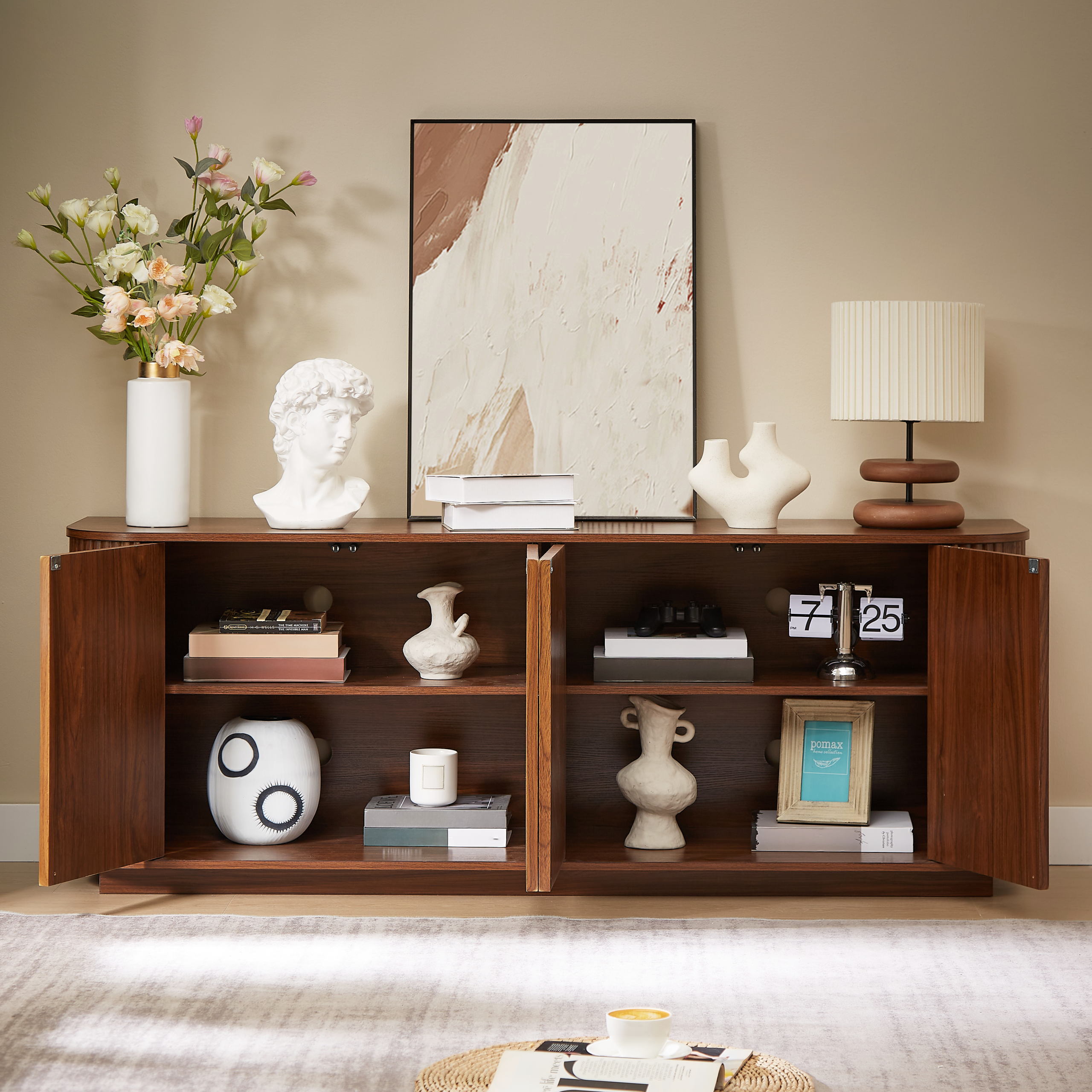 Sideboard Storage Cabinet TV Stand with wave pattern Buffet Cabinet Wooden Vertical Striped Cabinet for Kitchen/Bedroom/Entryway. Walnut, 64''W x 15''D x 24''H. - Image 3