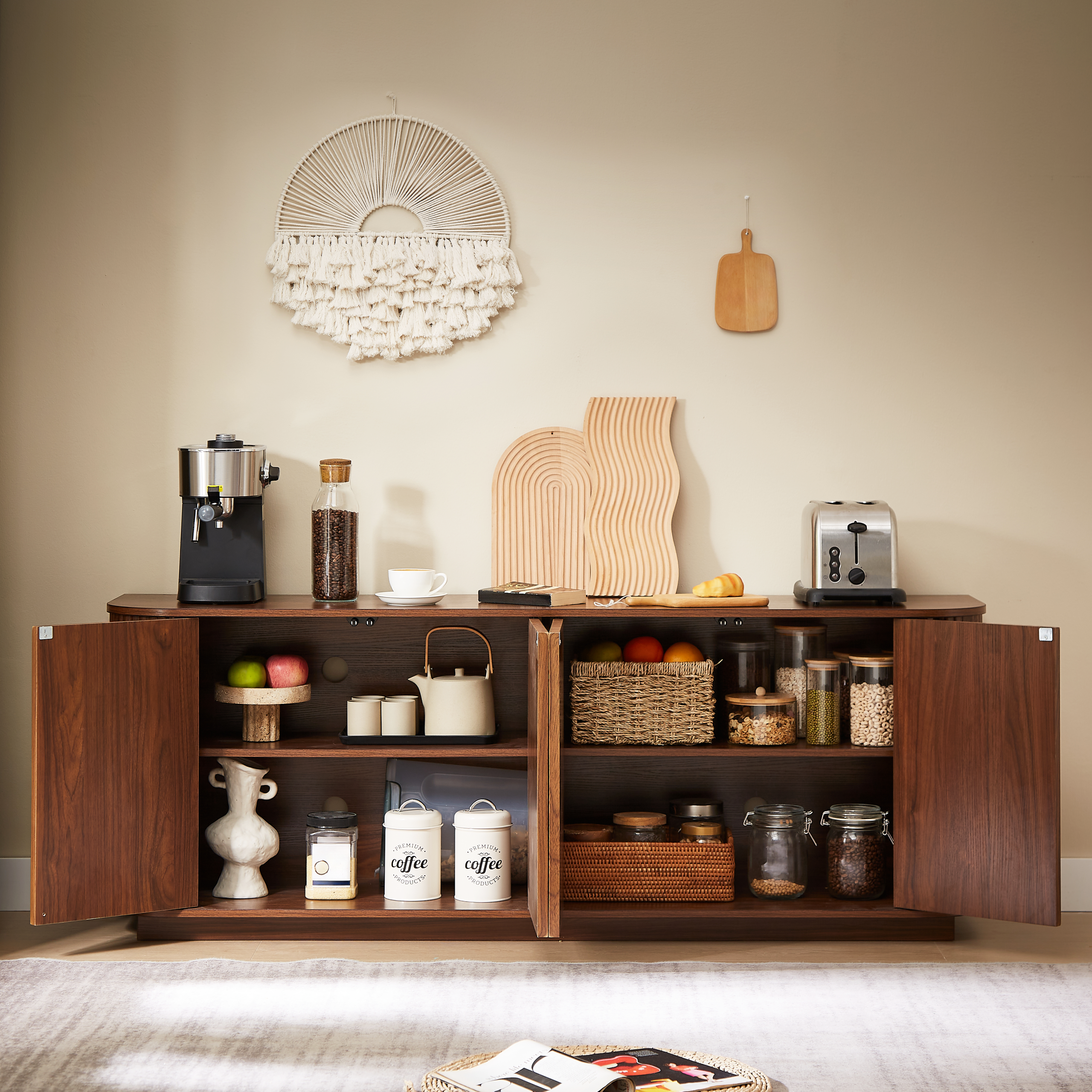 Sideboard Storage Cabinet TV Stand with wave pattern Buffet Cabinet Wooden Vertical Striped Cabinet for Kitchen/Bedroom/Entryway. Walnut, 64''W x 15''D x 24''H. - Image 4