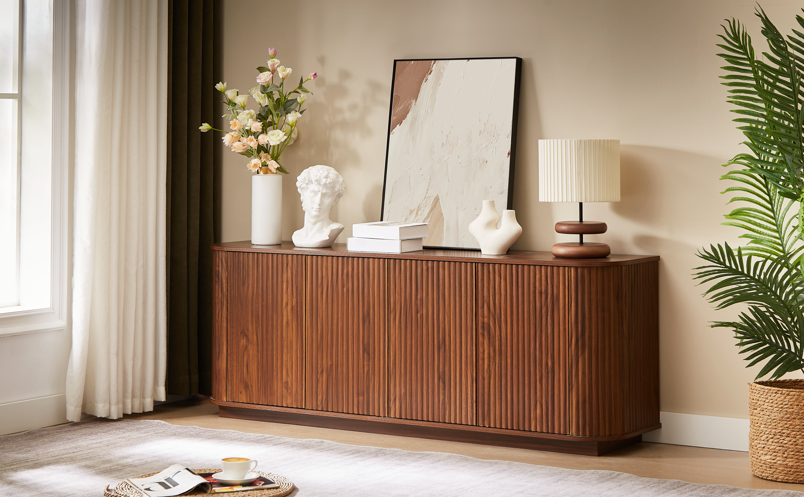 Sideboard Storage Cabinet TV Stand with wave pattern Buffet Cabinet Wooden Vertical Striped Cabinet for Kitchen/Bedroom/Entryway. Walnut, 64''W x 15''D x 24''H. - Image 5