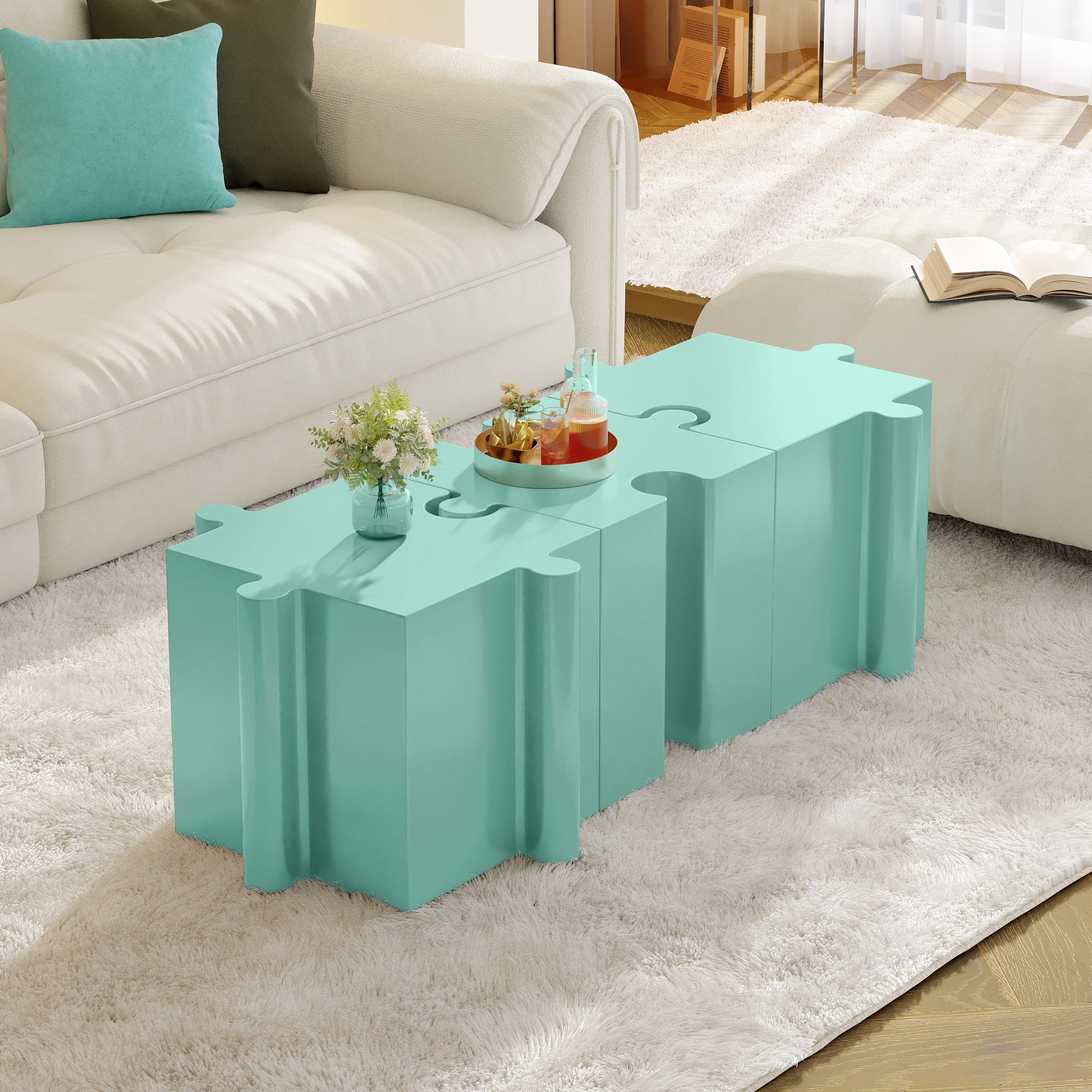Puzzle Art Side Table, Modular Concave Edge MGO Table - Buy Singles or Combine for Custom Layouts, Indoor & Outdoor,Light Green Color - Image 4