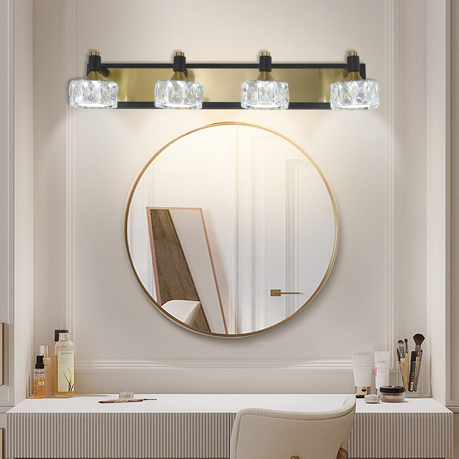 28″ Modern Crystal LED Vanity Light with Black and Gold Finish – 4-Light Bathroom Wall Sconce, Elegant and Stylish Fixture for Bathroom, Bedroom, or Hallway
