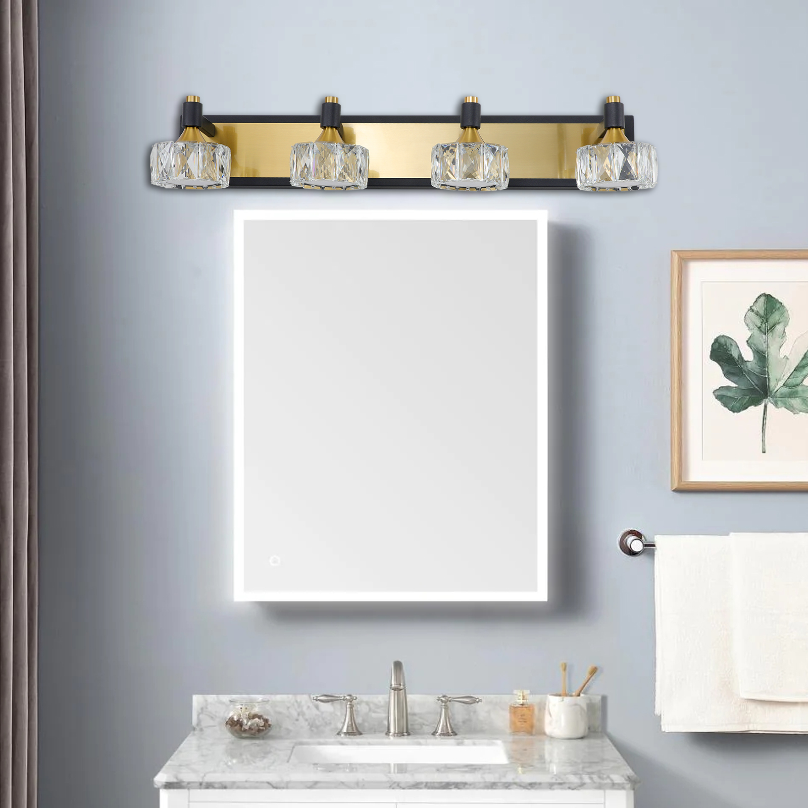 28" Modern Crystal LED Vanity Light with Black and Gold Finish – 4-Light Bathroom Wall Sconce, Elegant and Stylish Fixture for Bathroom, Bedroom, or Hallway - Image 2