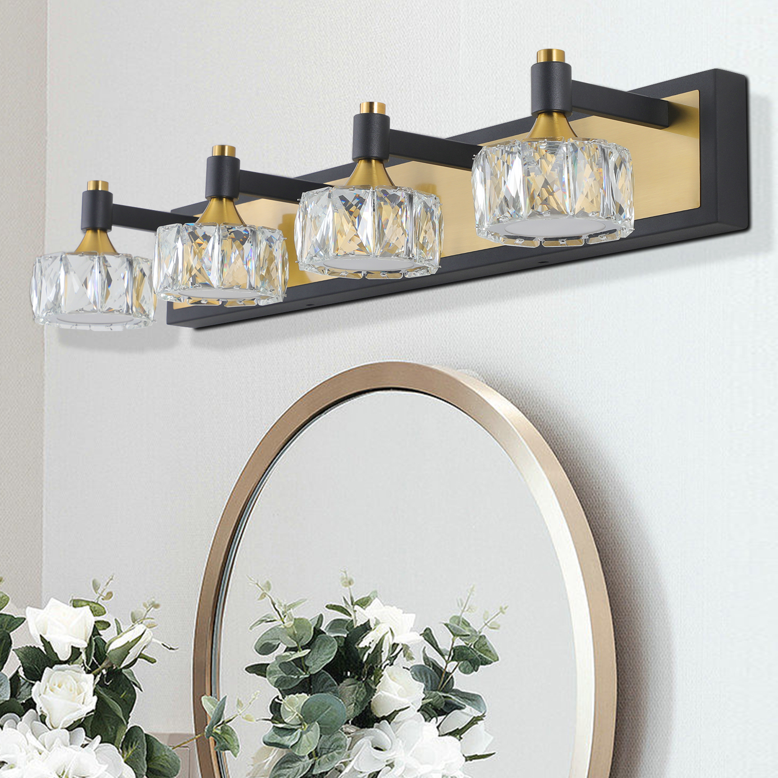 28" Modern Crystal LED Vanity Light with Black and Gold Finish – 4-Light Bathroom Wall Sconce, Elegant and Stylish Fixture for Bathroom, Bedroom, or Hallway - Image 3