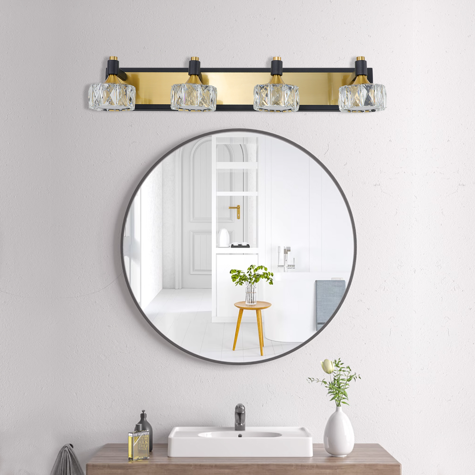 28" Modern Crystal LED Vanity Light with Black and Gold Finish – 4-Light Bathroom Wall Sconce, Elegant and Stylish Fixture for Bathroom, Bedroom, or Hallway - Image 5