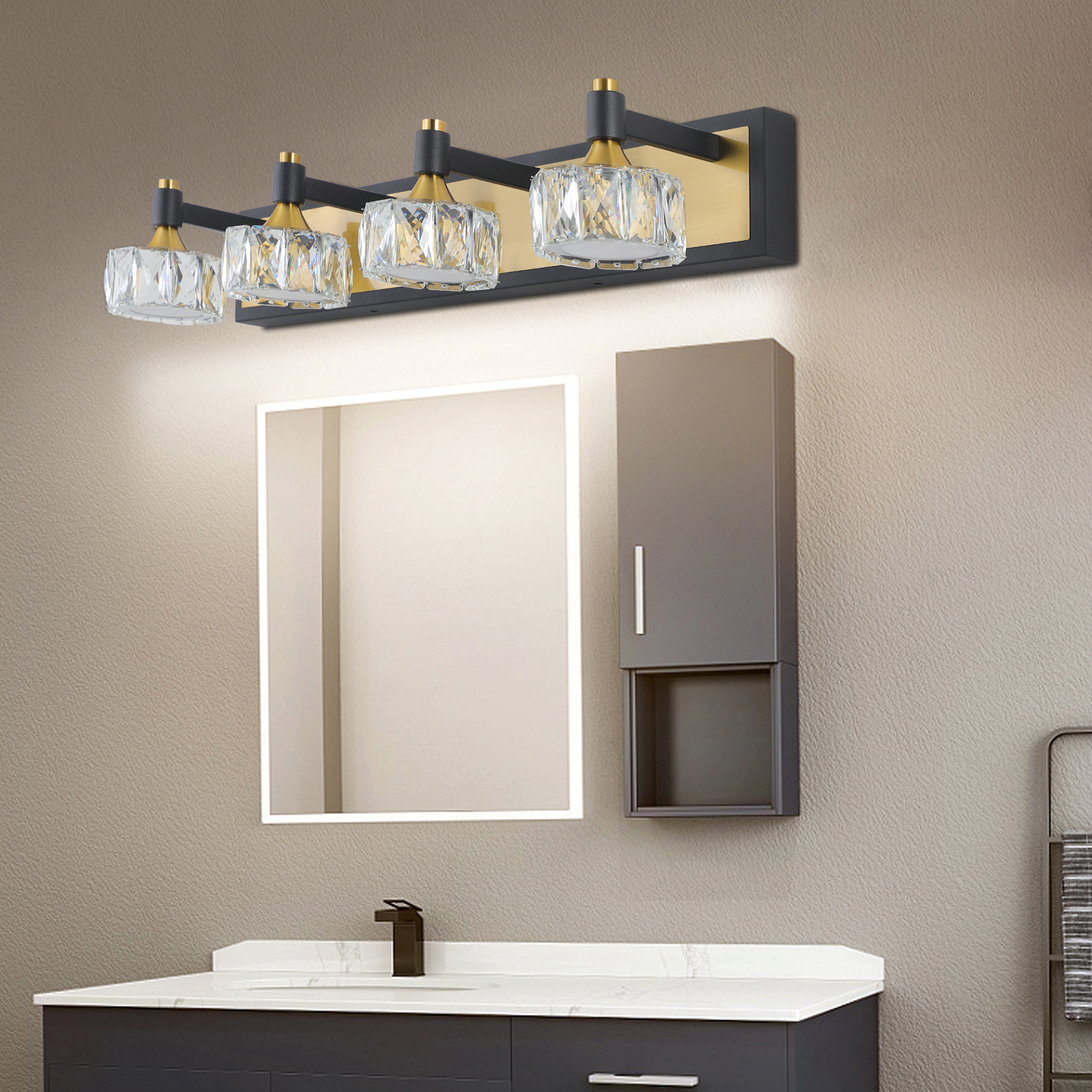 28" Modern Crystal LED Vanity Light with Black and Gold Finish – 4-Light Bathroom Wall Sconce, Elegant and Stylish Fixture for Bathroom, Bedroom, or Hallway - Image 4