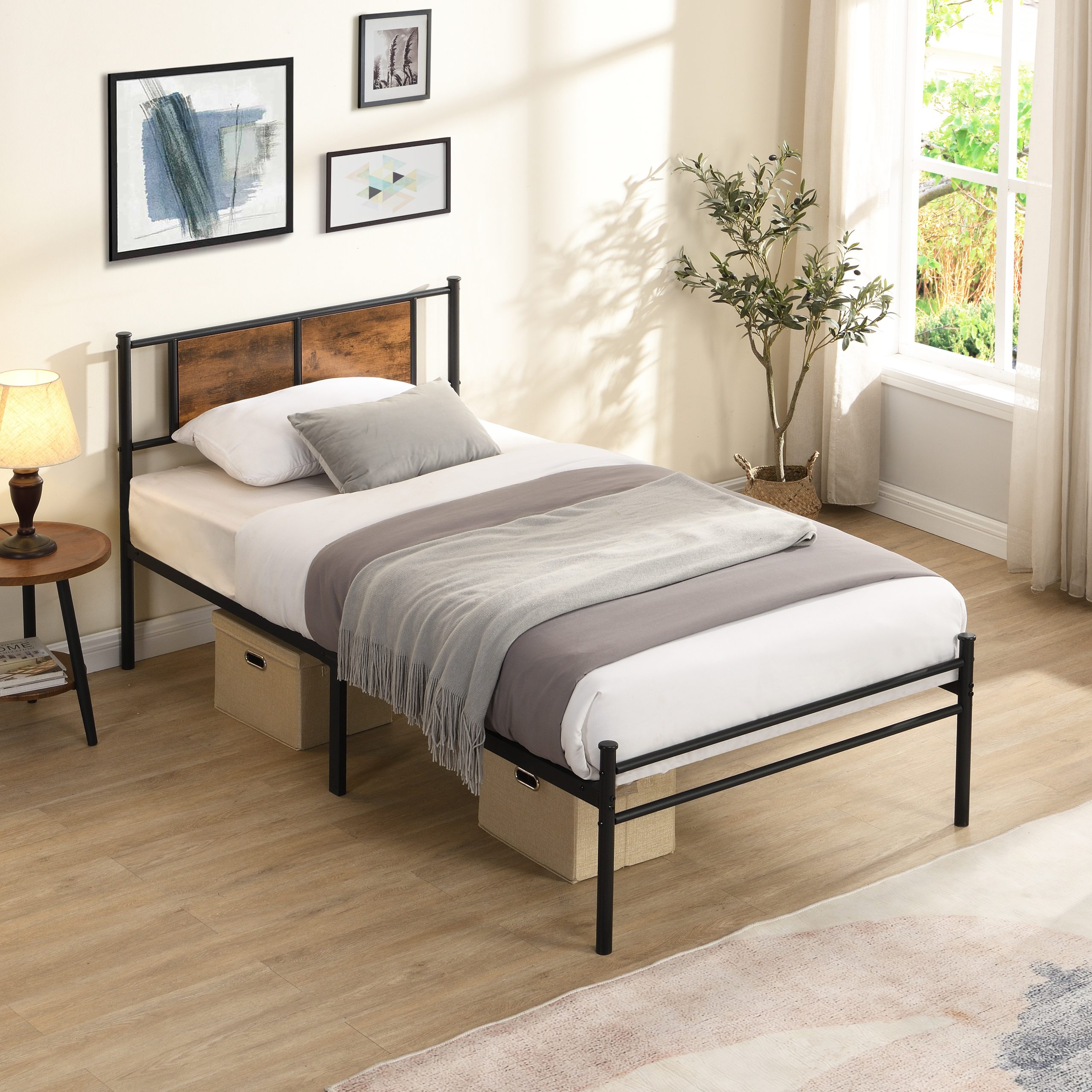 Twin XL Size metal bedframe,Headboard with wood panel decoration,black - Image 2