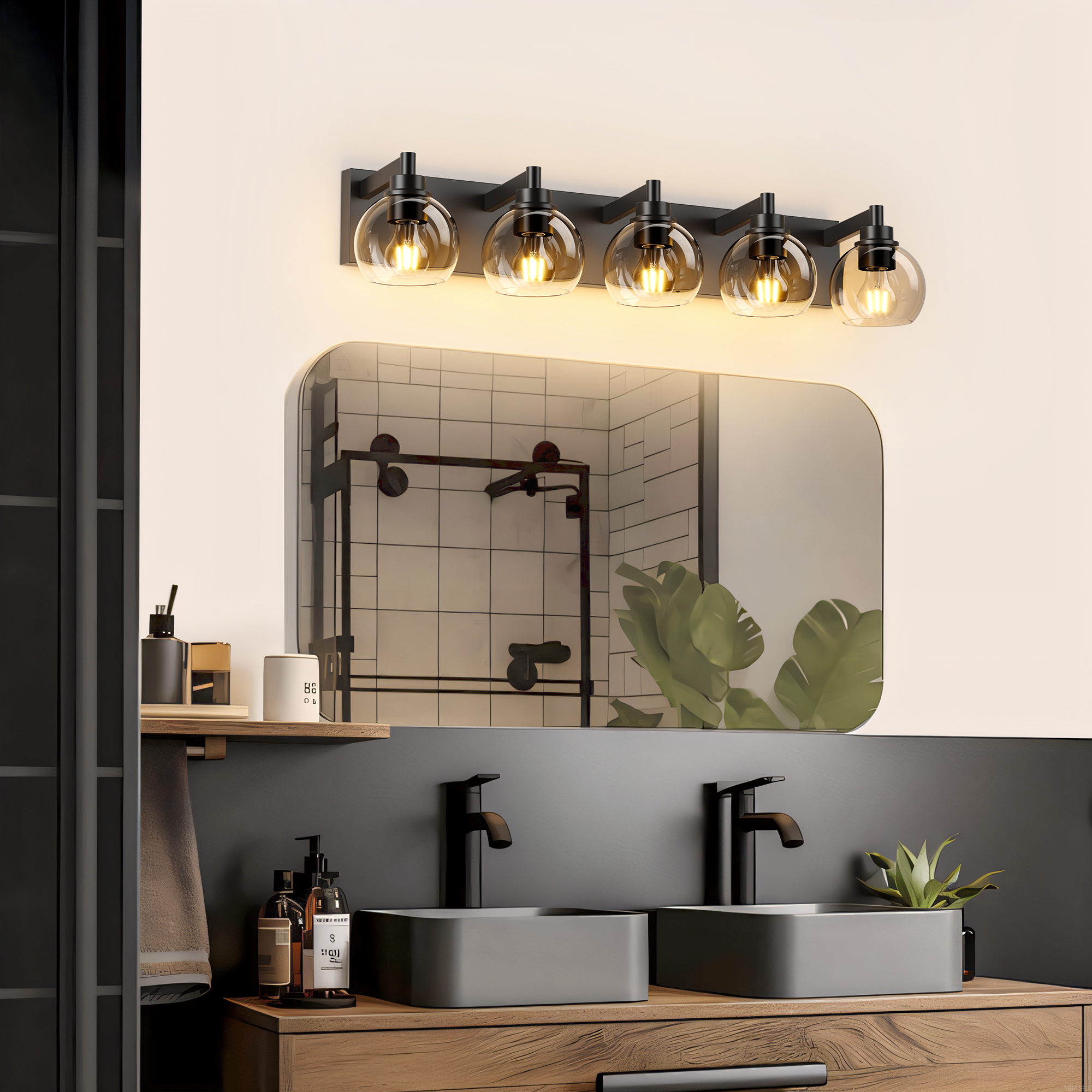 Bathroom Light Fixtures Over Mirror 5-Lights Bathroom Vanity Light with Clear Globe Glass Shade Modern Black Vanity Light Wall Sconce Vanity Lighting for Bath(Bulbs Not Included) - Image 2
