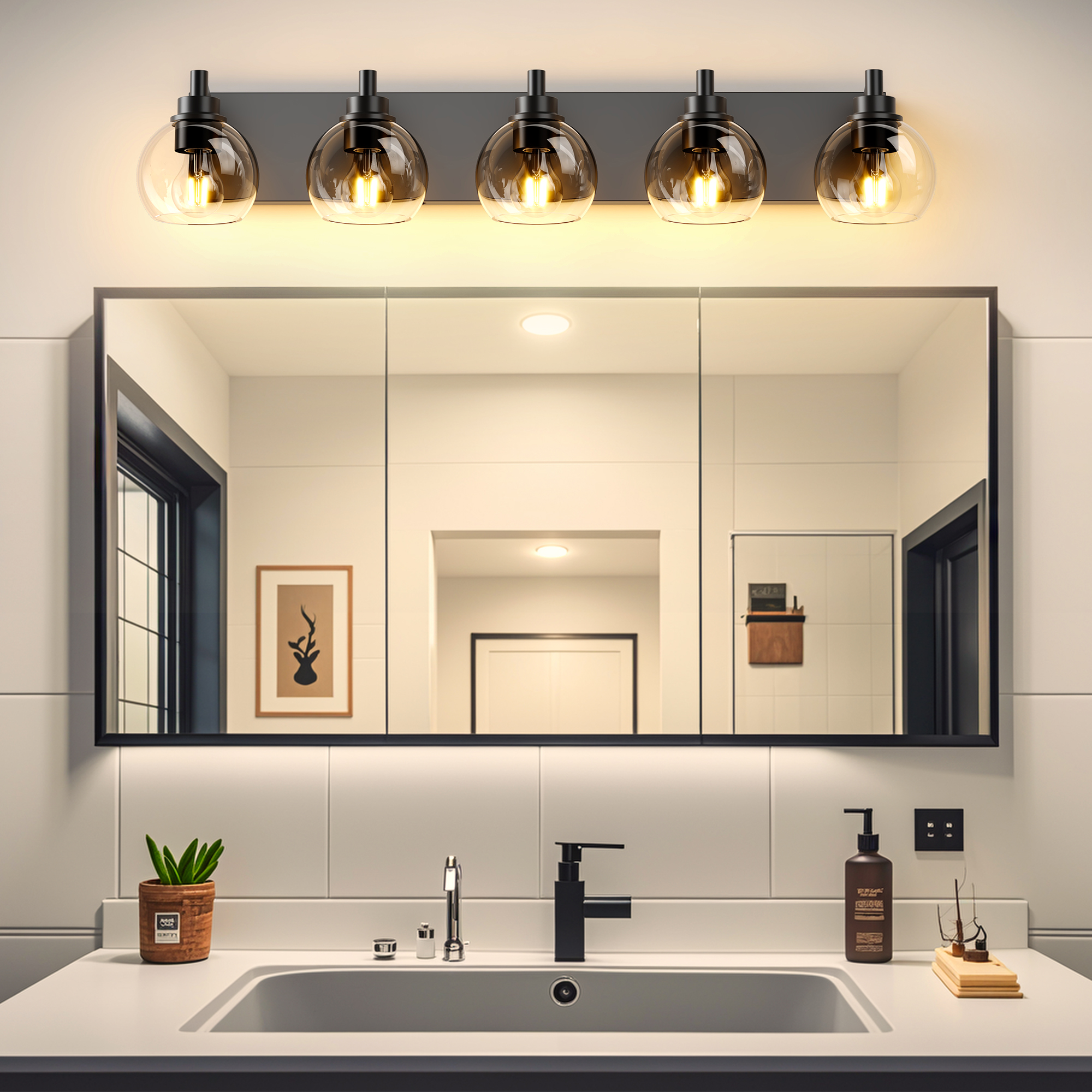 Bathroom Light Fixtures Over Mirror 5-Lights Bathroom Vanity Light with Clear Globe Glass Shade Modern Black Vanity Light Wall Sconce Vanity Lighting for Bath(Bulbs Not Included) - Image 3