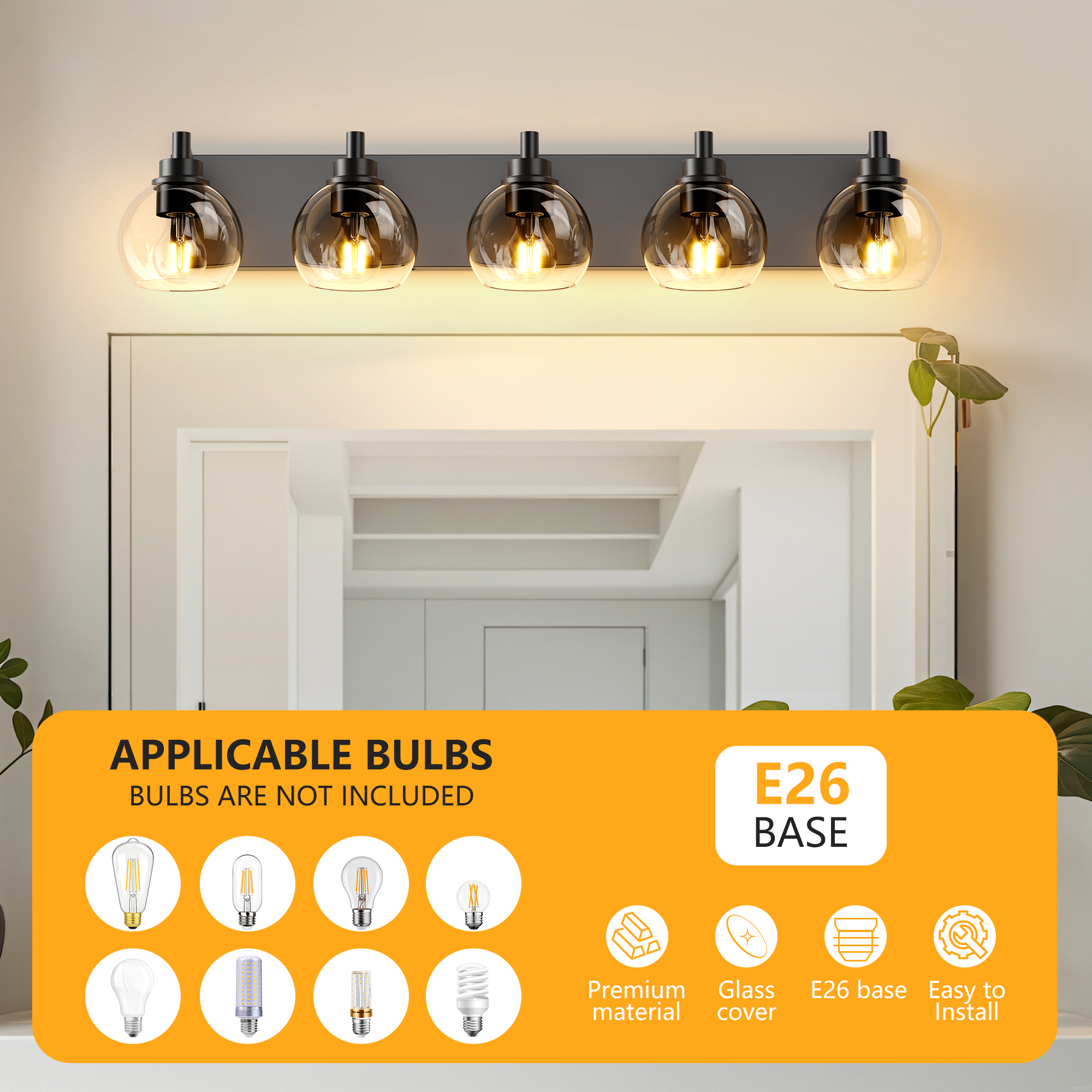 Bathroom Light Fixtures Over Mirror 5-Lights Bathroom Vanity Light with Clear Globe Glass Shade Modern Black Vanity Light Wall Sconce Vanity Lighting for Bath(Bulbs Not Included) - Image 4