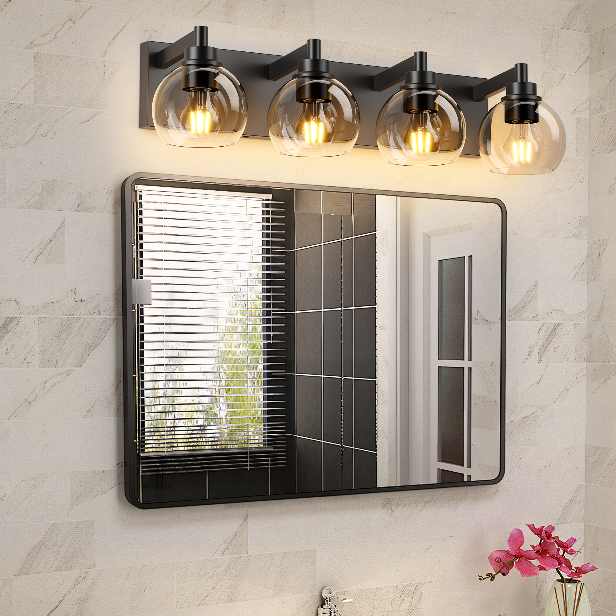 Industrial Bathroom Vanity Light,4-Light Bathroom Lights Over Mirror with Clear Glass Globe Shade and Metal Base, Matte Black Bathroom Vanity Light Fixture(Bulbs Not Included) - Image 2