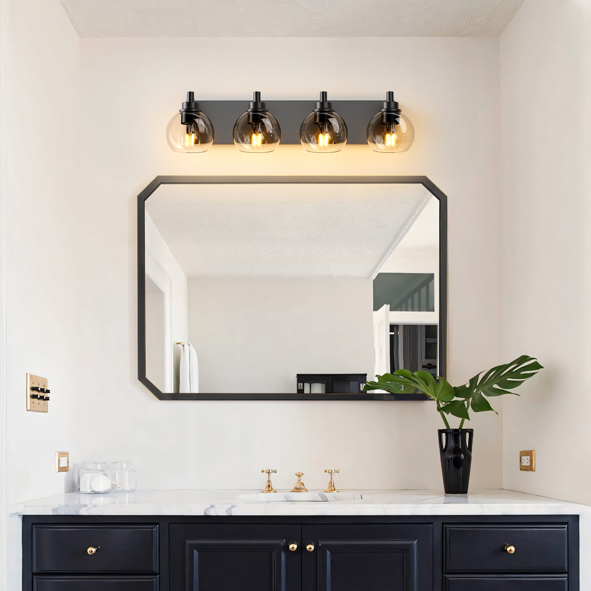 Industrial Bathroom Vanity Light,4-Light Bathroom Lights Over Mirror with Clear Glass Globe Shade and Metal Base, Matte Black Bathroom Vanity Light Fixture(Bulbs Not Included) - Image 3