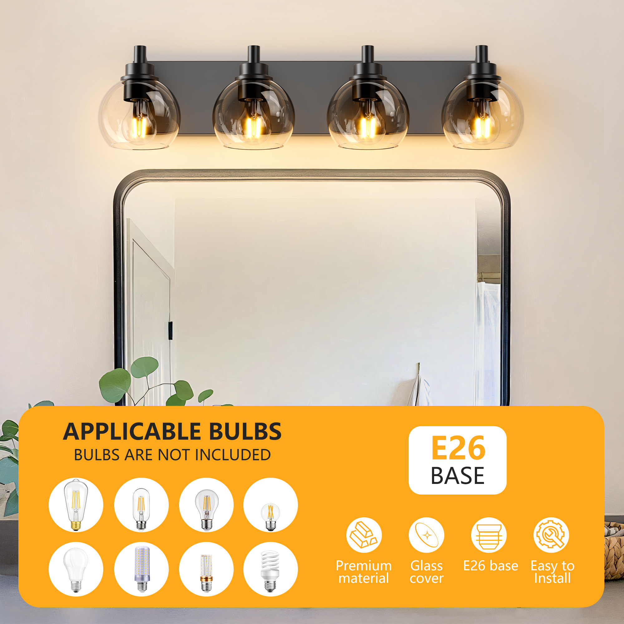 Industrial Bathroom Vanity Light,4-Light Bathroom Lights Over Mirror with Clear Glass Globe Shade and Metal Base, Matte Black Bathroom Vanity Light Fixture(Bulbs Not Included) - Image 4