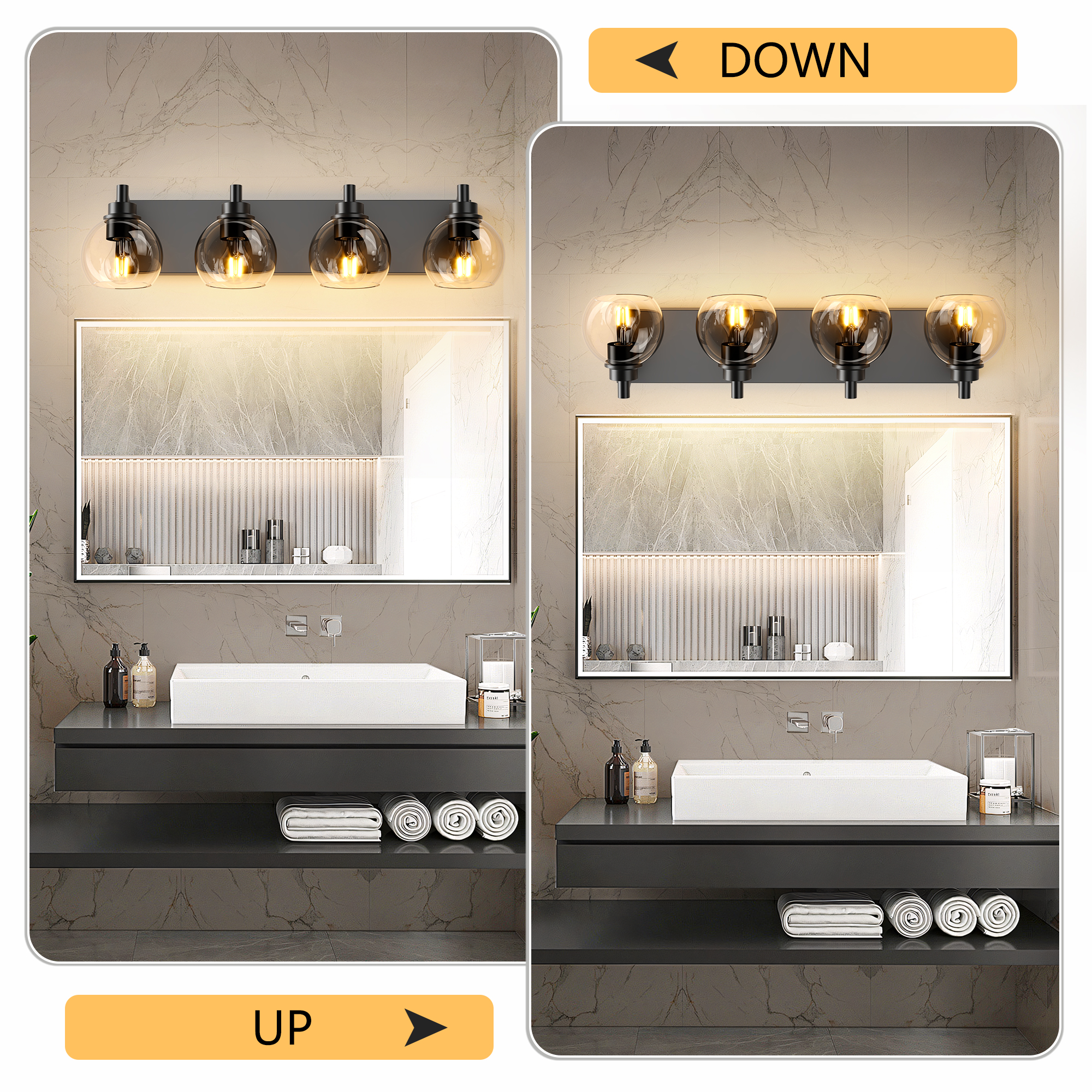 Industrial Bathroom Vanity Light,4-Light Bathroom Lights Over Mirror with Clear Glass Globe Shade and Metal Base, Matte Black Bathroom Vanity Light Fixture(Bulbs Not Included) - Image 5