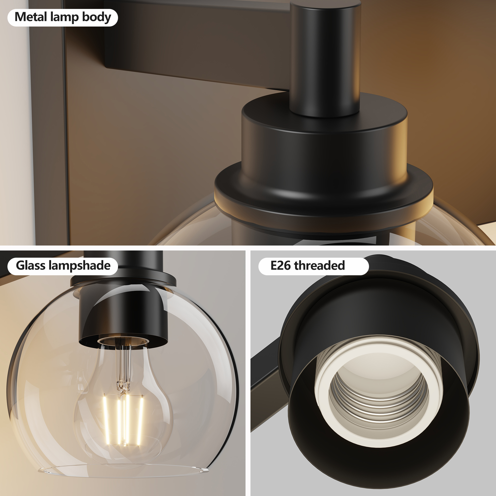 Industrial Bathroom Vanity Light,4-Light Bathroom Lights Over Mirror with Clear Glass Globe Shade and Metal Base, Matte Black Bathroom Vanity Light Fixture(Bulbs Not Included) - Image 6