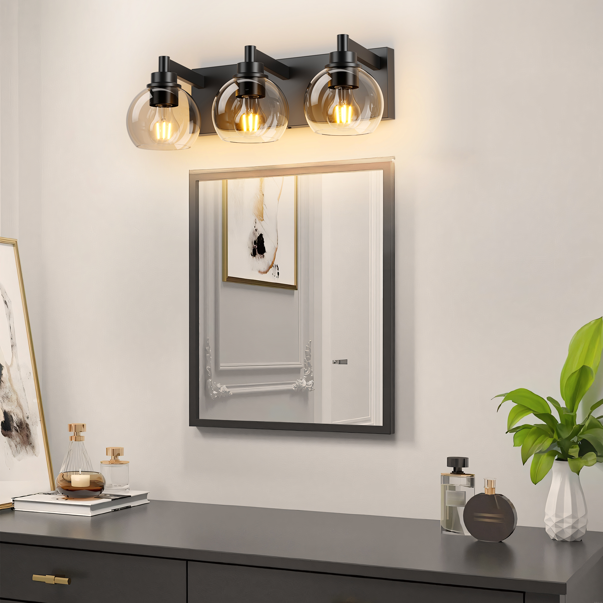 Bathroom Vanity Light,Modern 3-Light Bathroom Lighting Fixtures Over Mirror with Clear Glass Shade and Metal Base,Matte Black Bathroom Lighting - Image 2