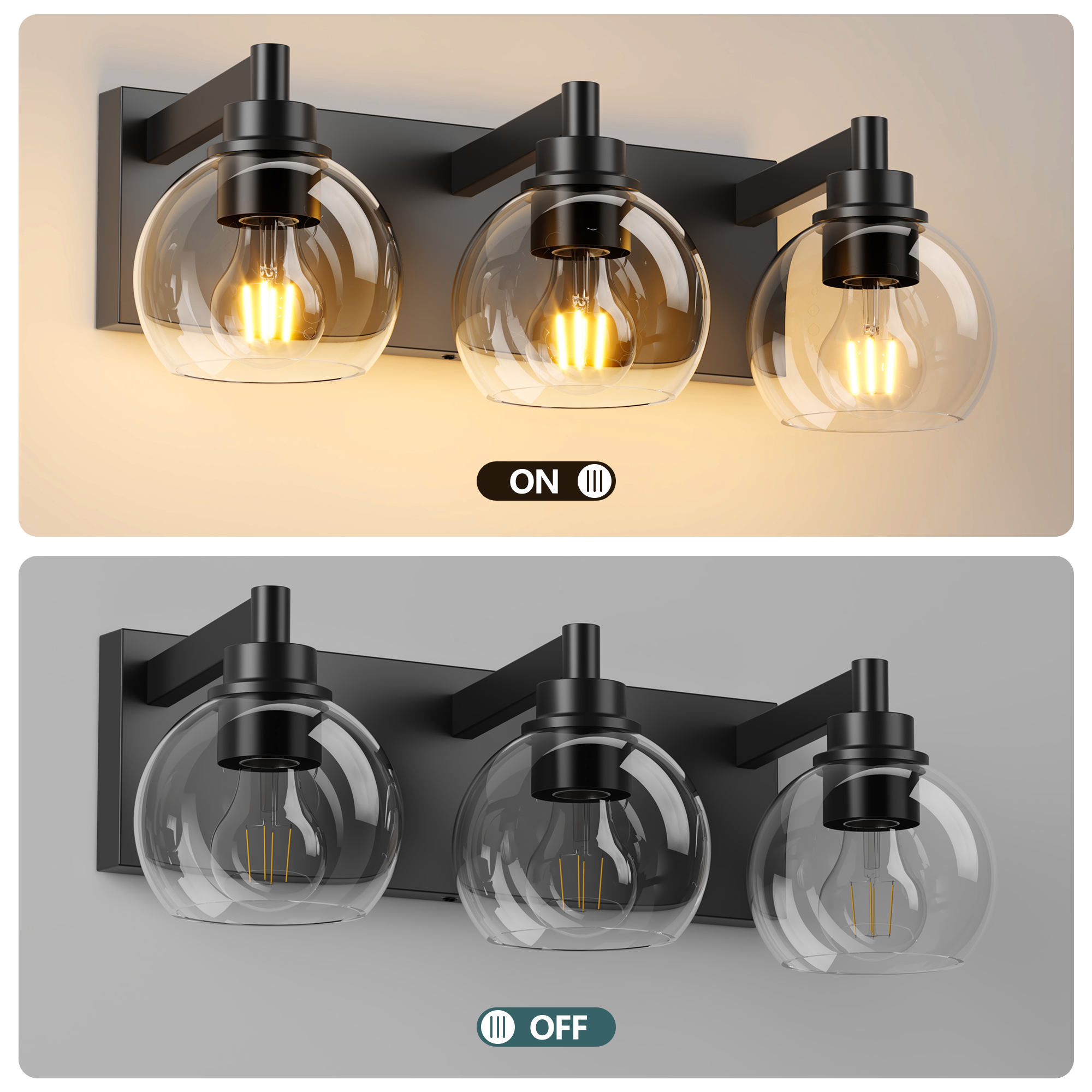 Bathroom Vanity Light,Modern 3-Light Bathroom Lighting Fixtures Over Mirror with Clear Glass Shade and Metal Base,Matte Black Bathroom Lighting - Image 4