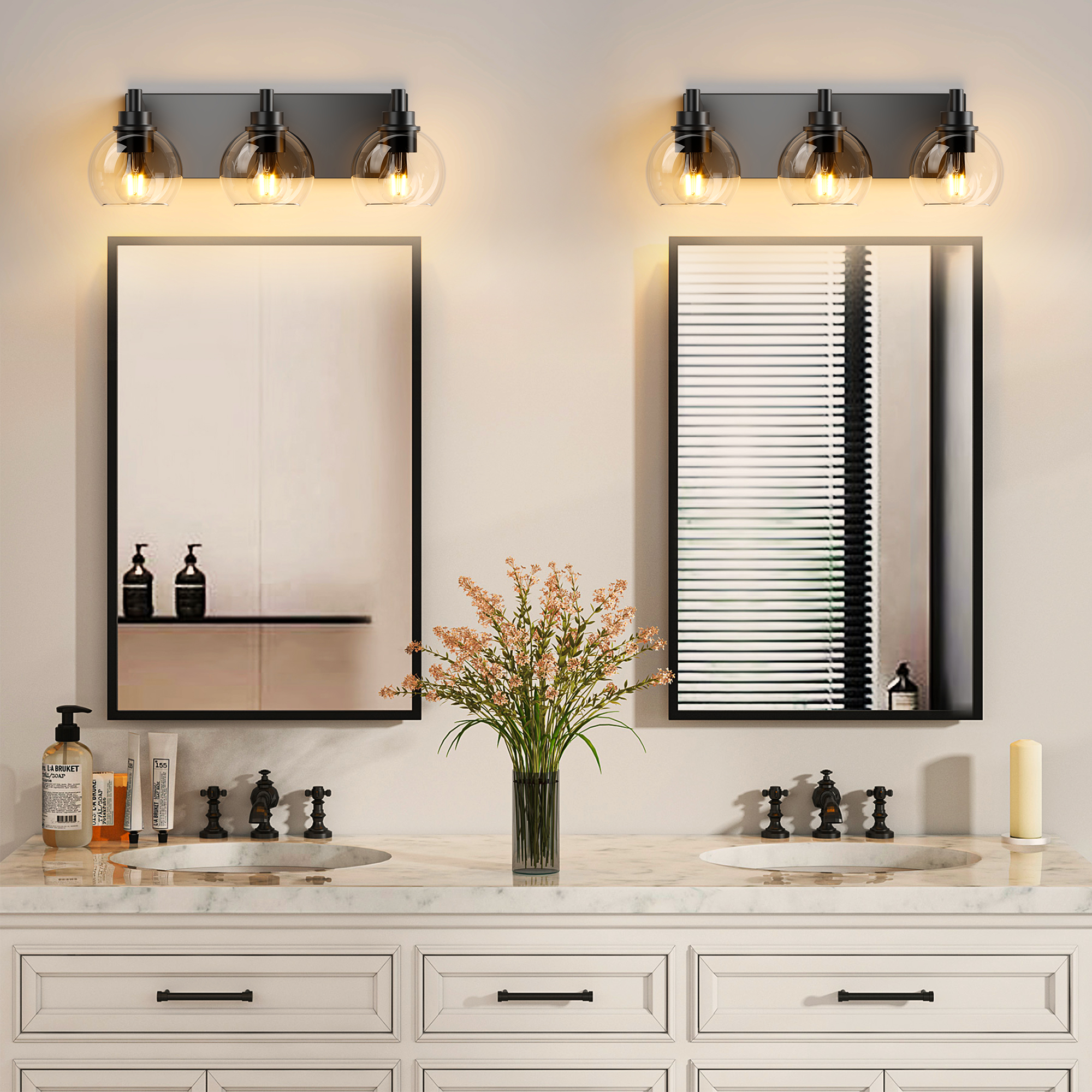 Bathroom Vanity Light,Modern 3-Light Bathroom Lighting Fixtures Over Mirror with Clear Glass Shade and Metal Base,Matte Black Bathroom Lighting - Image 5
