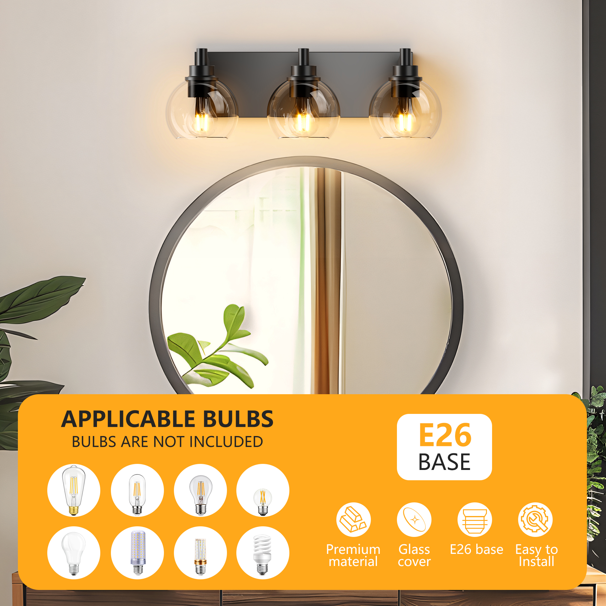 Bathroom Vanity Light,Modern 3-Light Bathroom Lighting Fixtures Over Mirror with Clear Glass Shade and Metal Base,Matte Black Bathroom Lighting - Image 6