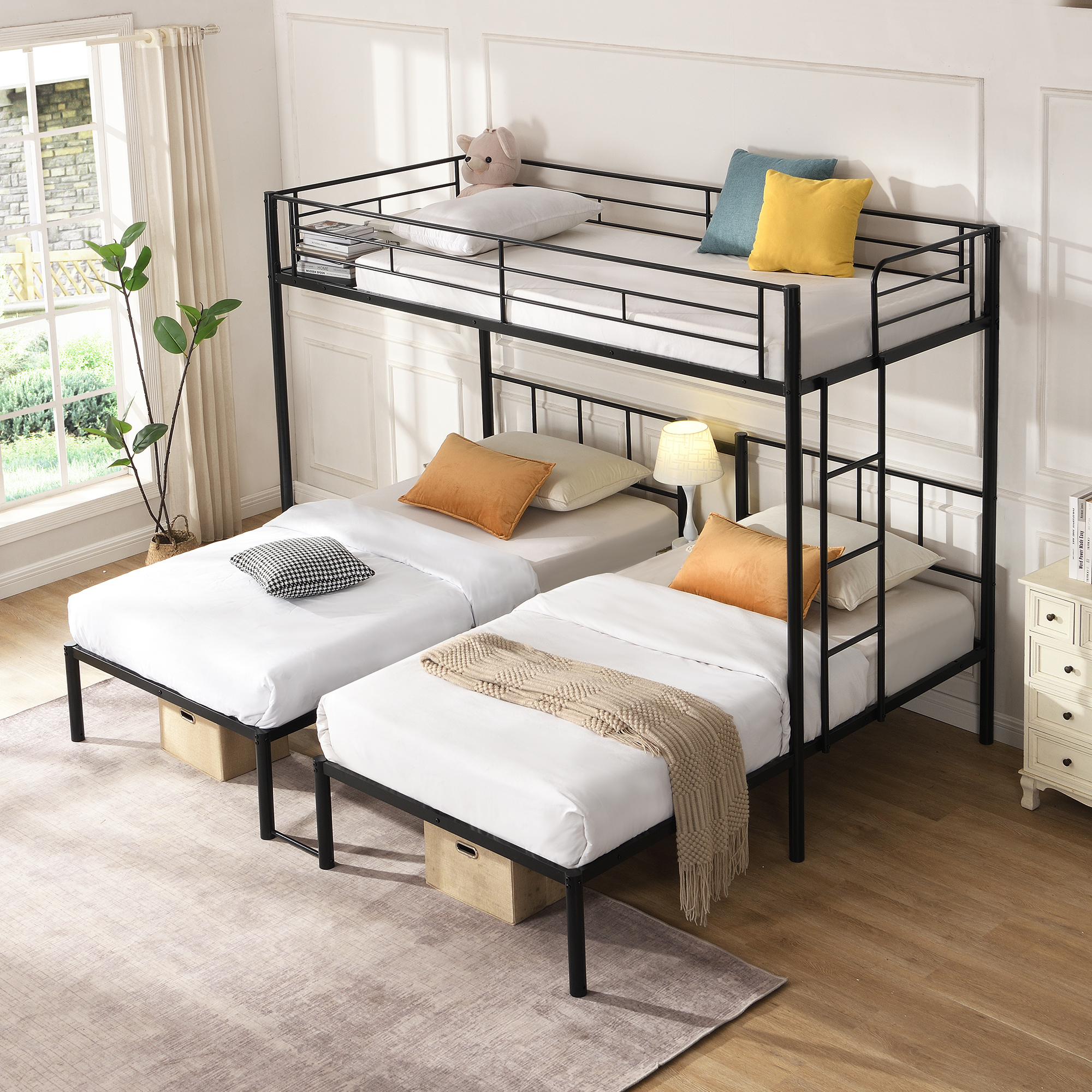 Twin Over Twin Over Twin Bunk Bed ,Triple Bunk Bed With a vertical ladder, Metal Frame Bunk Bed with Safety Rail, Twin Over Twin Over Twin Triple Bunk - Image 2
