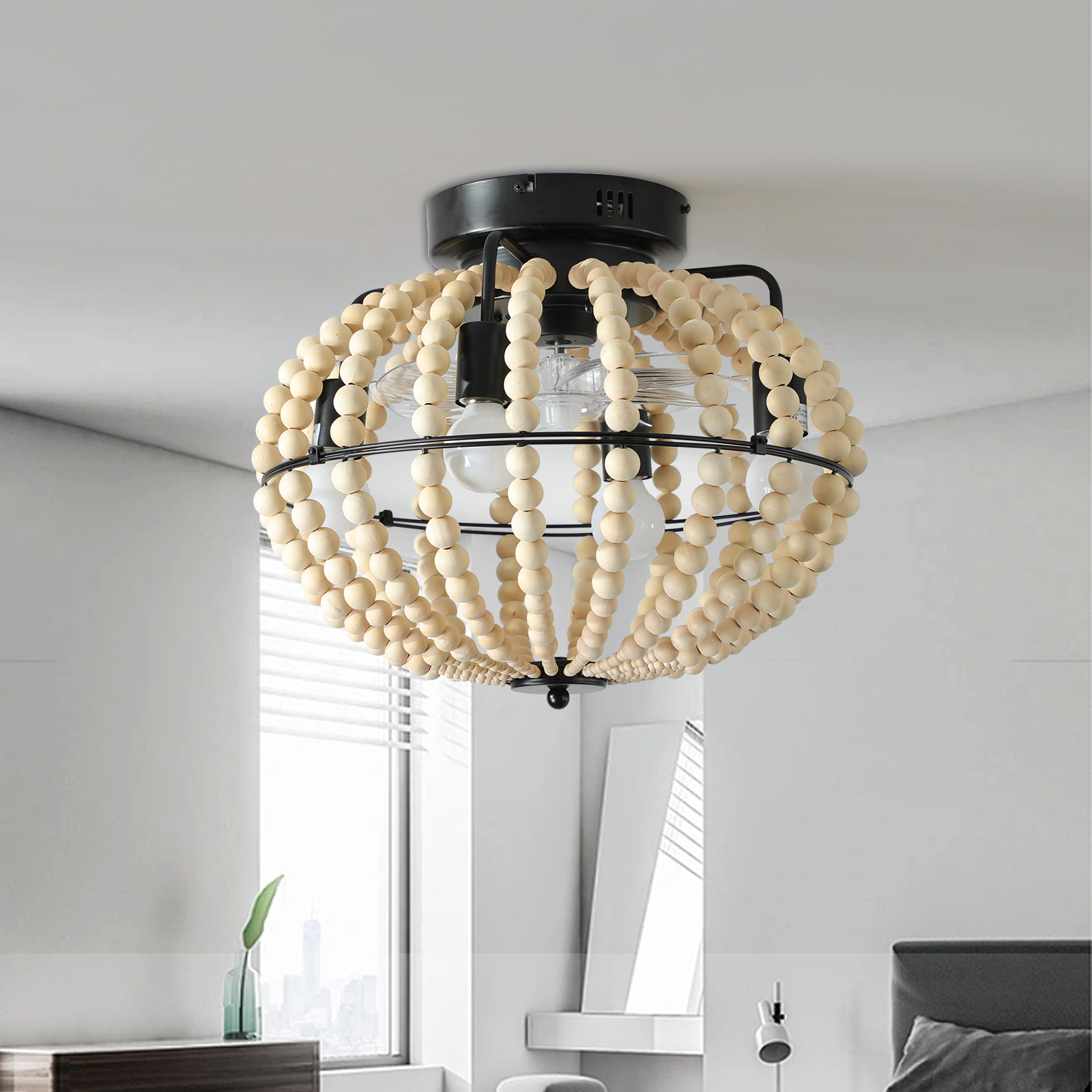 18" Bohemian Wood Beaded Ceiling Fan with Light, Flush Mount Caged Ceiling Fan, Rustic Farmhouse Low Profile Fan Light Fixture for Indoor Home Decor (Silent/6-Speed/Reversible/DC Motor) (No Bulbs) - Image 2