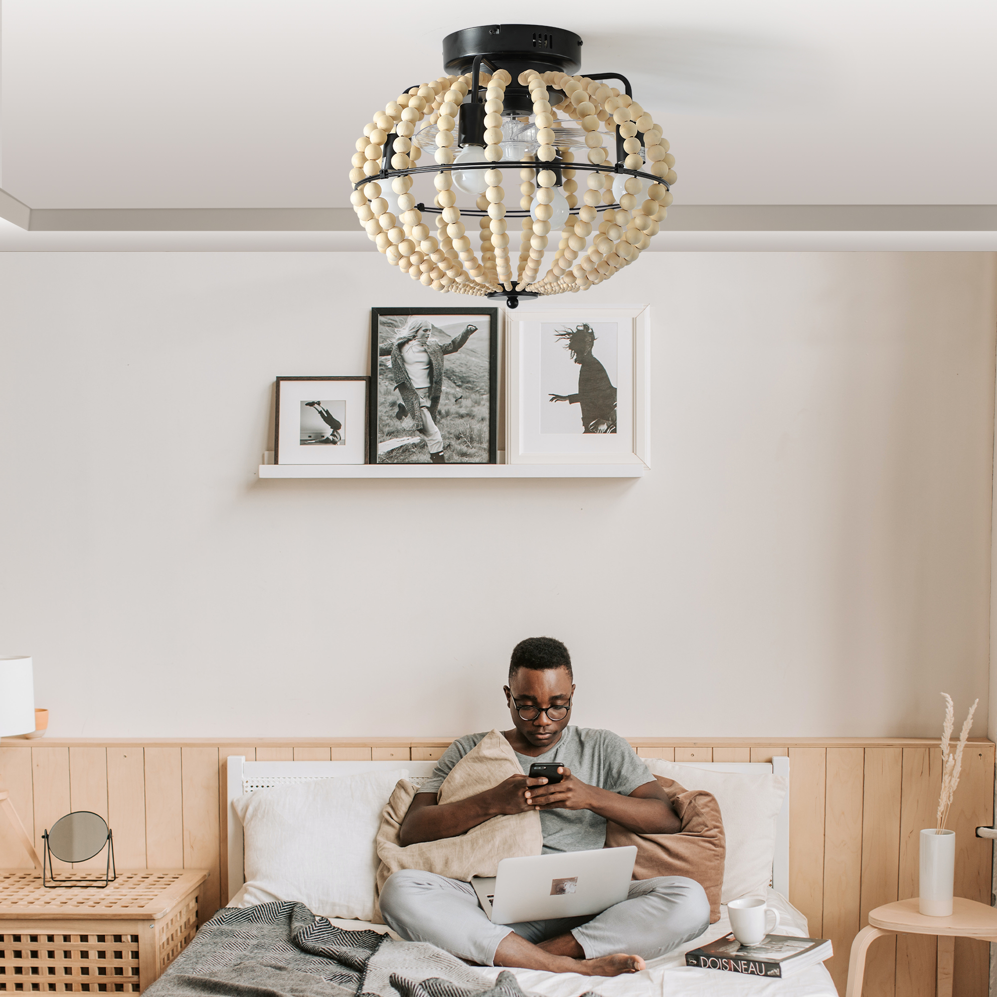 18" Bohemian Wood Beaded Ceiling Fan with Light, Flush Mount Caged Ceiling Fan, Rustic Farmhouse Low Profile Fan Light Fixture for Indoor Home Decor (Silent/6-Speed/Reversible/DC Motor) (No Bulbs) - Image 4