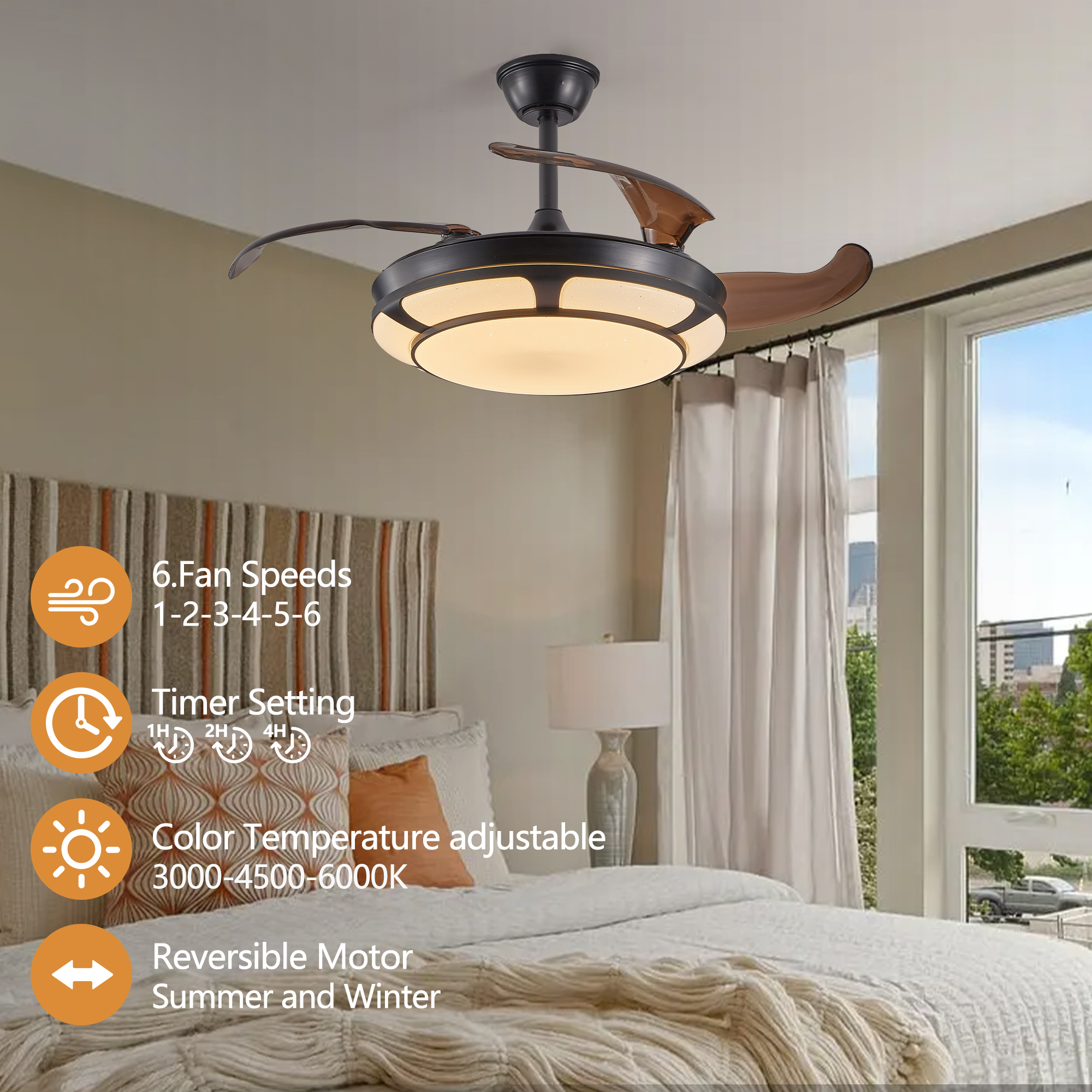 42" Retractable Ceiling Fan with Light, Modern LED Chandelier Fan with Remote Control, 6 Speed Adjustable Blades, Quiet DC Motor, Dimmable Lighting for Living Room, Bedroom, Dining Room - Image 3