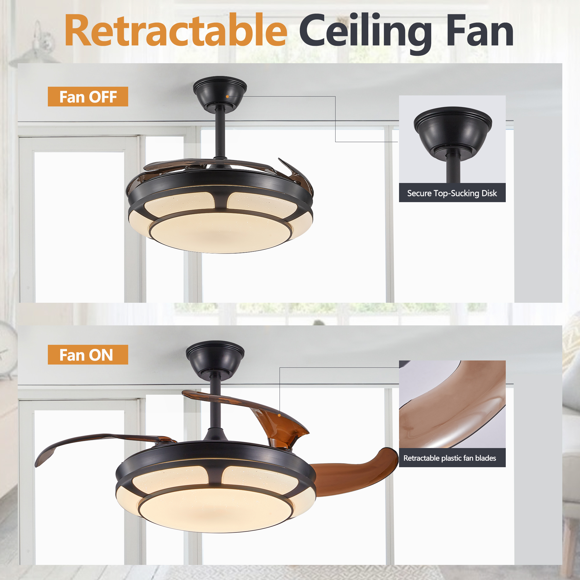 42" Retractable Ceiling Fan with Light, Modern LED Chandelier Fan with Remote Control, 6 Speed Adjustable Blades, Quiet DC Motor, Dimmable Lighting for Living Room, Bedroom, Dining Room - Image 5