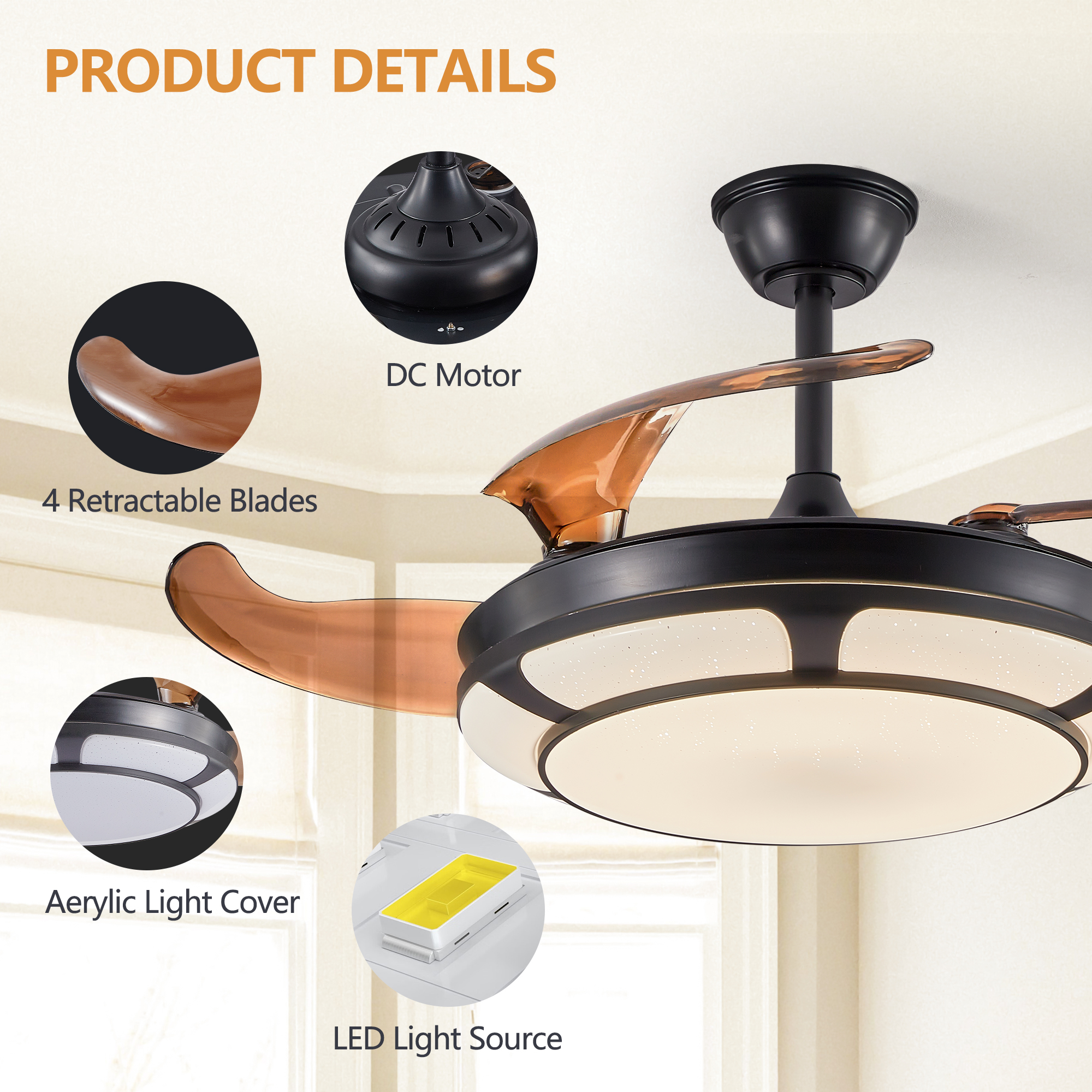 42" Retractable Ceiling Fan with Light, Modern LED Chandelier Fan with Remote Control, 6 Speed Adjustable Blades, Quiet DC Motor, Dimmable Lighting for Living Room, Bedroom, Dining Room - Image 6
