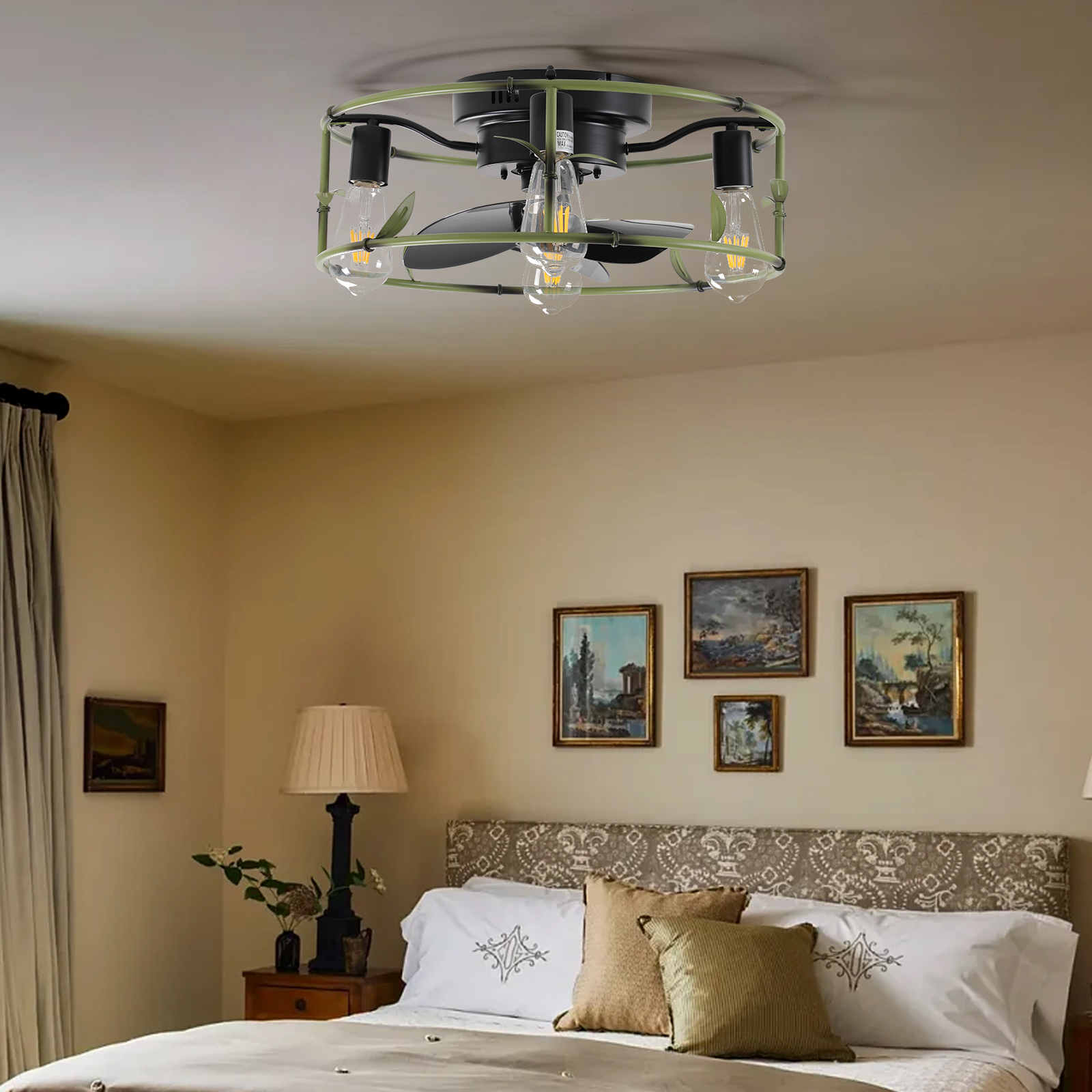 19" Green Industrial Ceiling Fan with Light - Flush Mount Caged Ceiling Fan with Remote, 3-Light Rustic Ceiling Fan, Silent 6-Speed Reversible DC Motor for Bedroom, Living Room (Bulb Not Included) - Image 2