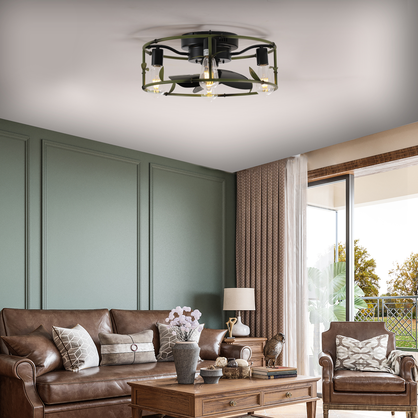 19" Green Industrial Ceiling Fan with Light - Flush Mount Caged Ceiling Fan with Remote, 3-Light Rustic Ceiling Fan, Silent 6-Speed Reversible DC Motor for Bedroom, Living Room (Bulb Not Included) - Image 3
