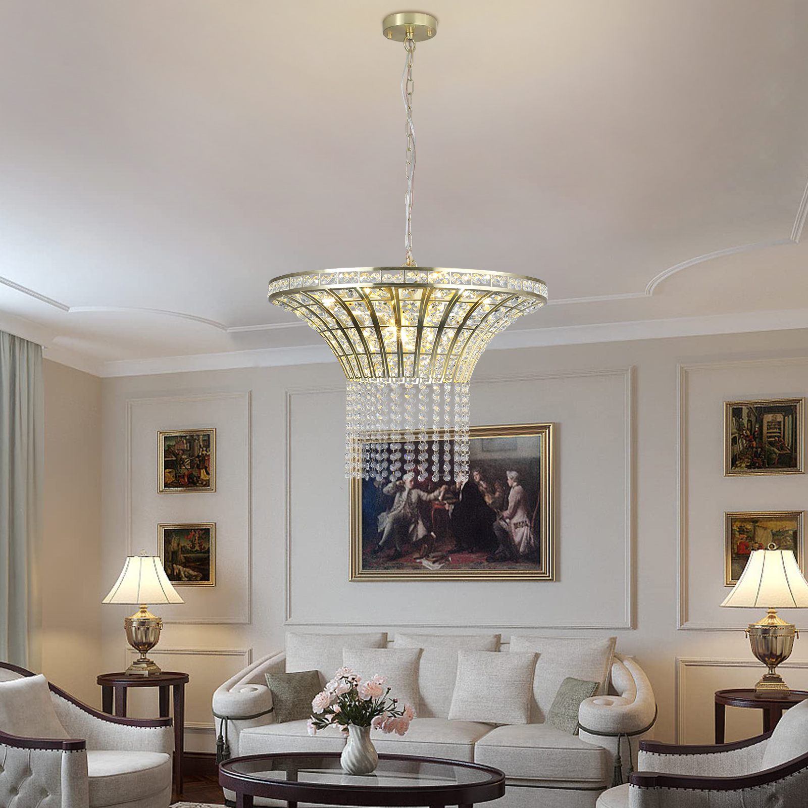 (Same as W1340P189414/L005016-D600-P8G) 24" Modern Crystal Round Chandelier with Gold Finish, Elegant Pendant Light with Cascading Beads, for Dining Room, Living Room, or Foyer (No Bulbs) - Image 2