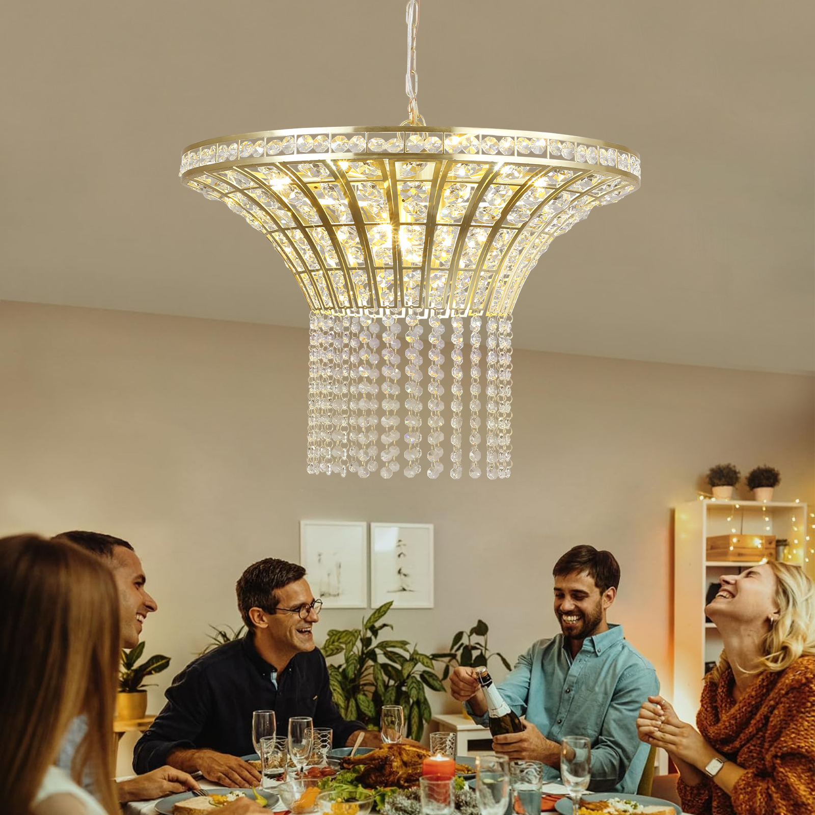 (Same as W1340P189414/L005016-D600-P8G) 24" Modern Crystal Round Chandelier with Gold Finish, Elegant Pendant Light with Cascading Beads, for Dining Room, Living Room, or Foyer (No Bulbs) - Image 3