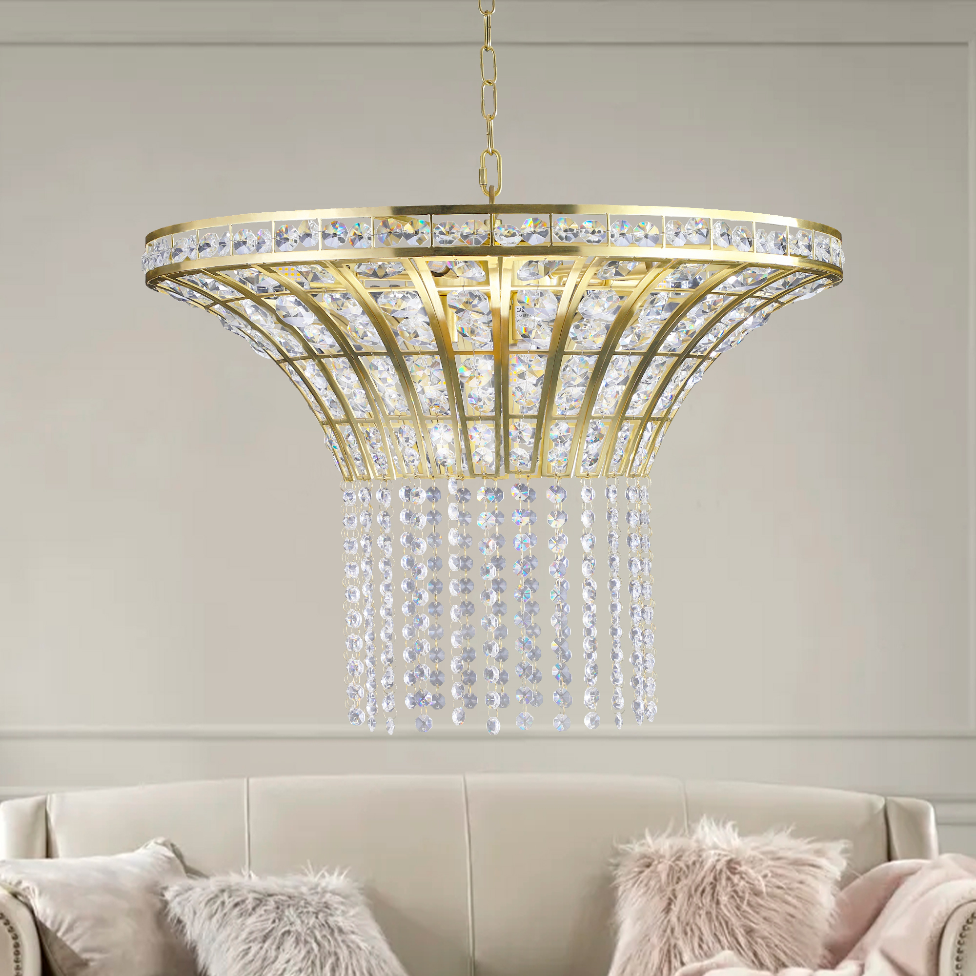 (Same as W1340P189414/L005016-D600-P8G) 24" Modern Crystal Round Chandelier with Gold Finish, Elegant Pendant Light with Cascading Beads, for Dining Room, Living Room, or Foyer (No Bulbs) - Image 5