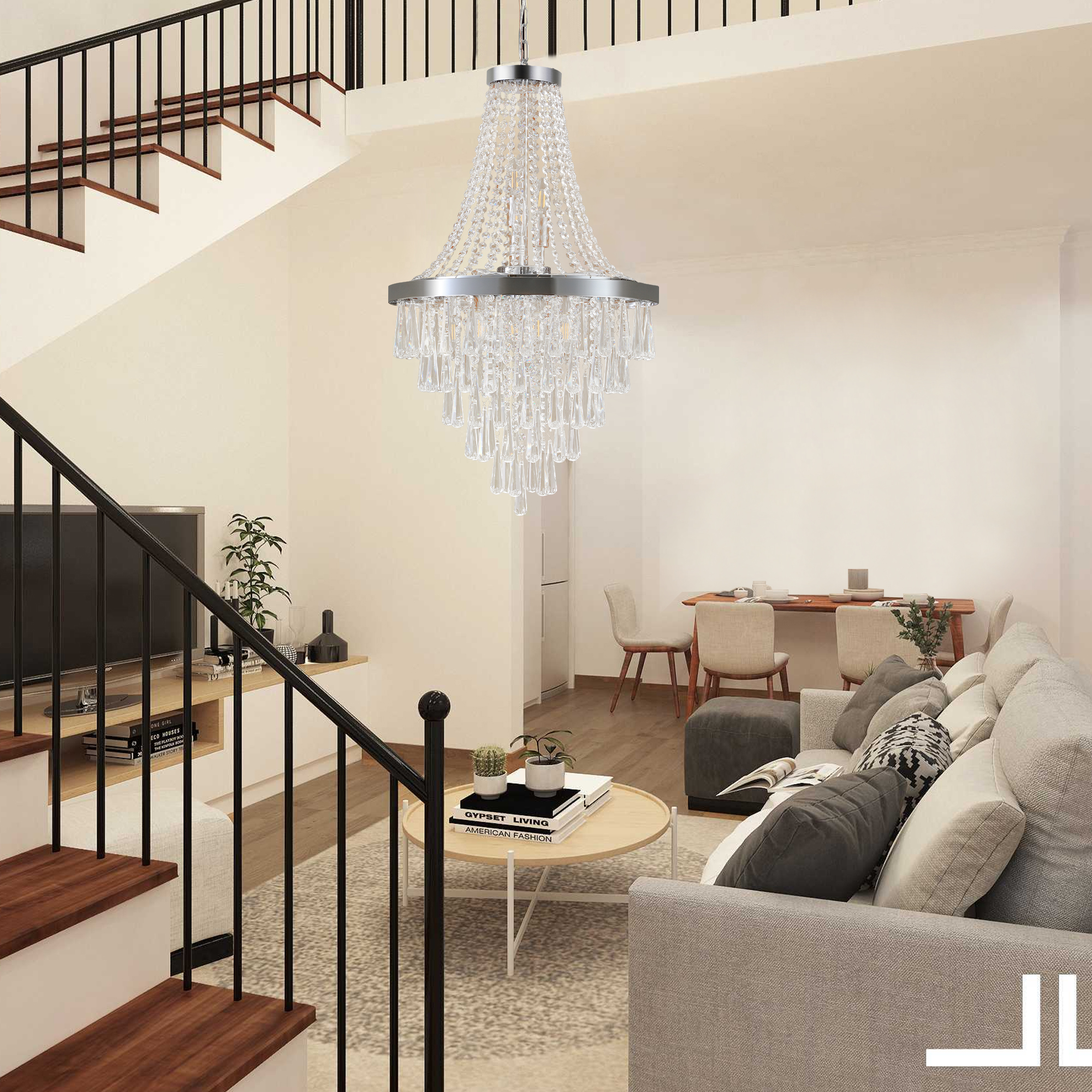 (Same as W1340P143191/L5004-500-C) 20" Chrome Crystal Chandelier with Adjustable Height, Modern Ceiling Light Fixture for Living Room, Dining Room, Staircase, 11-Light E12 Bulb Base (No Bulbs) - Image 2