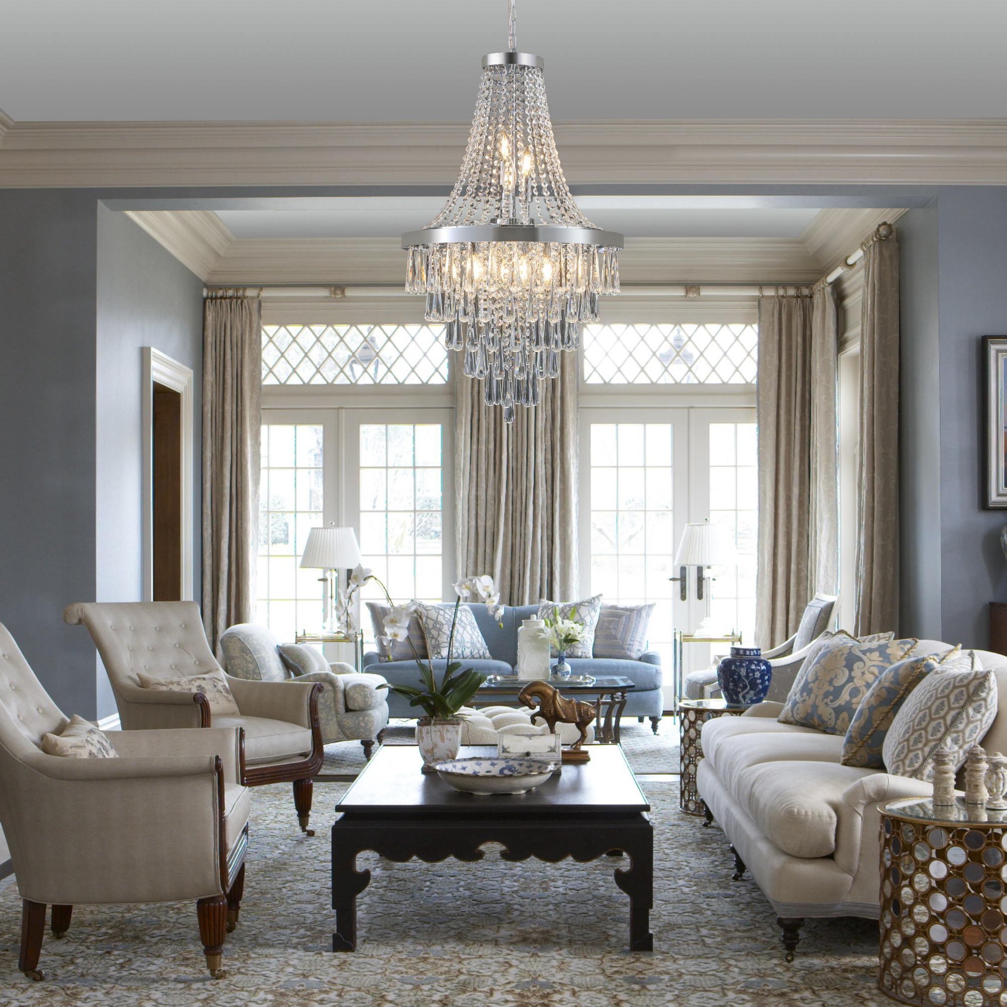 (Same as W1340P143191/L5004-500-C) 20" Chrome Crystal Chandelier with Adjustable Height, Modern Ceiling Light Fixture for Living Room, Dining Room, Staircase, 11-Light E12 Bulb Base (No Bulbs) - Image 4