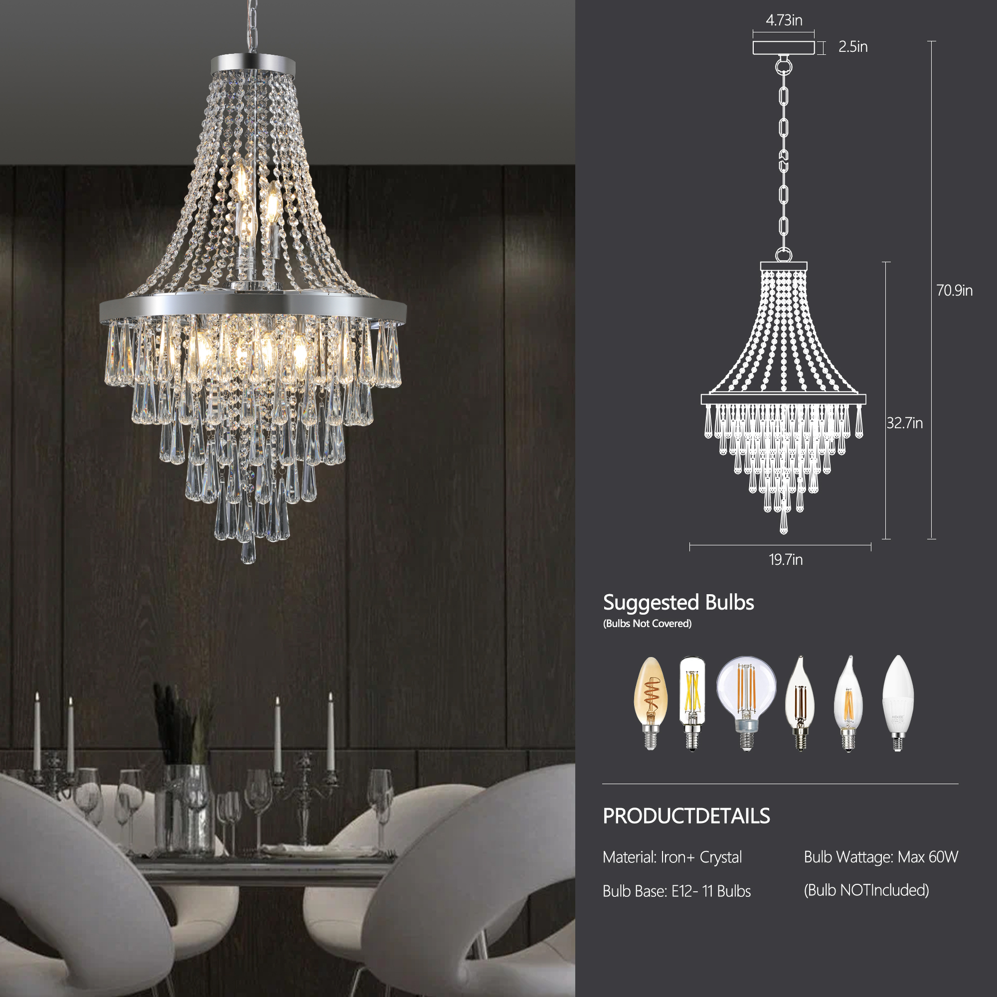 (Same as W1340P143191/L5004-500-C) 20" Chrome Crystal Chandelier with Adjustable Height, Modern Ceiling Light Fixture for Living Room, Dining Room, Staircase, 11-Light E12 Bulb Base (No Bulbs) - Image 6