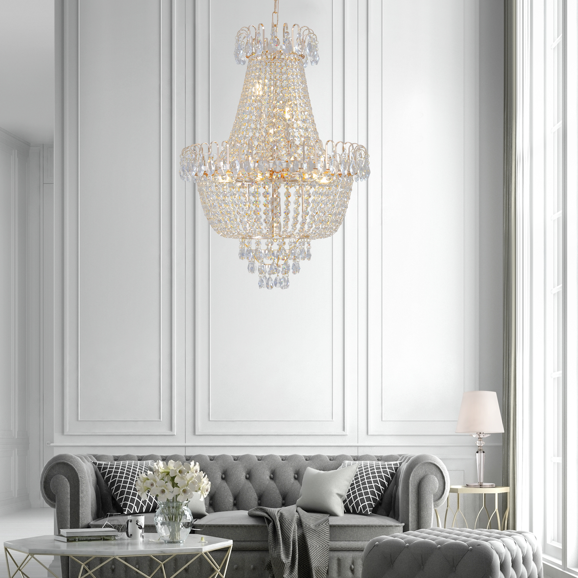 (Same as W1340P143189)Gold Crystal Chandeliers,Large Contemporary Luxury Ceiling Lighting for Living Room Dining Room Bedroom Hallway (Without Bulb) - Image 2